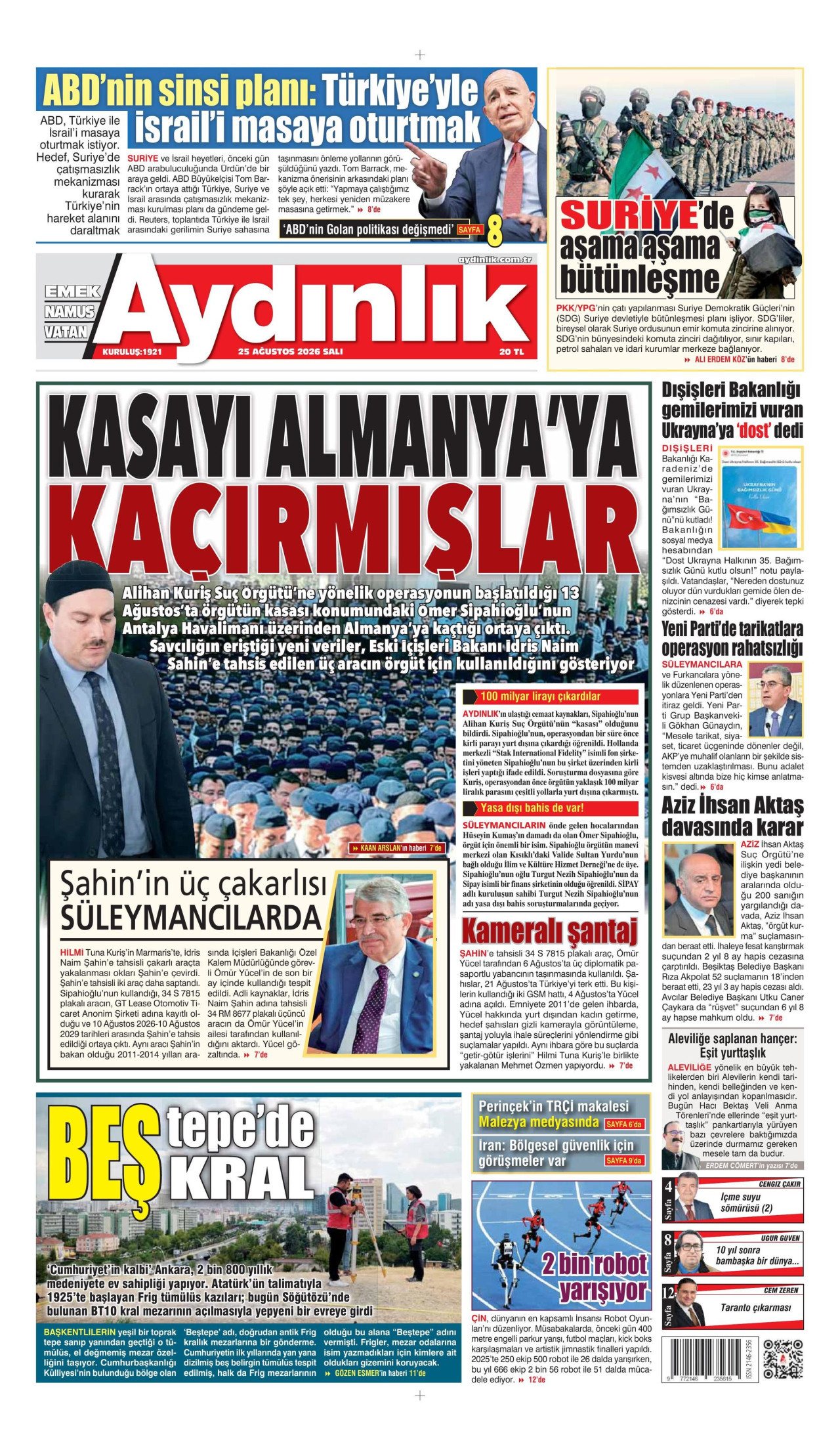 AYDINLIK GAZETESİ gazetesinin 25 Ağustos 2026 tarihli birinci sayfası