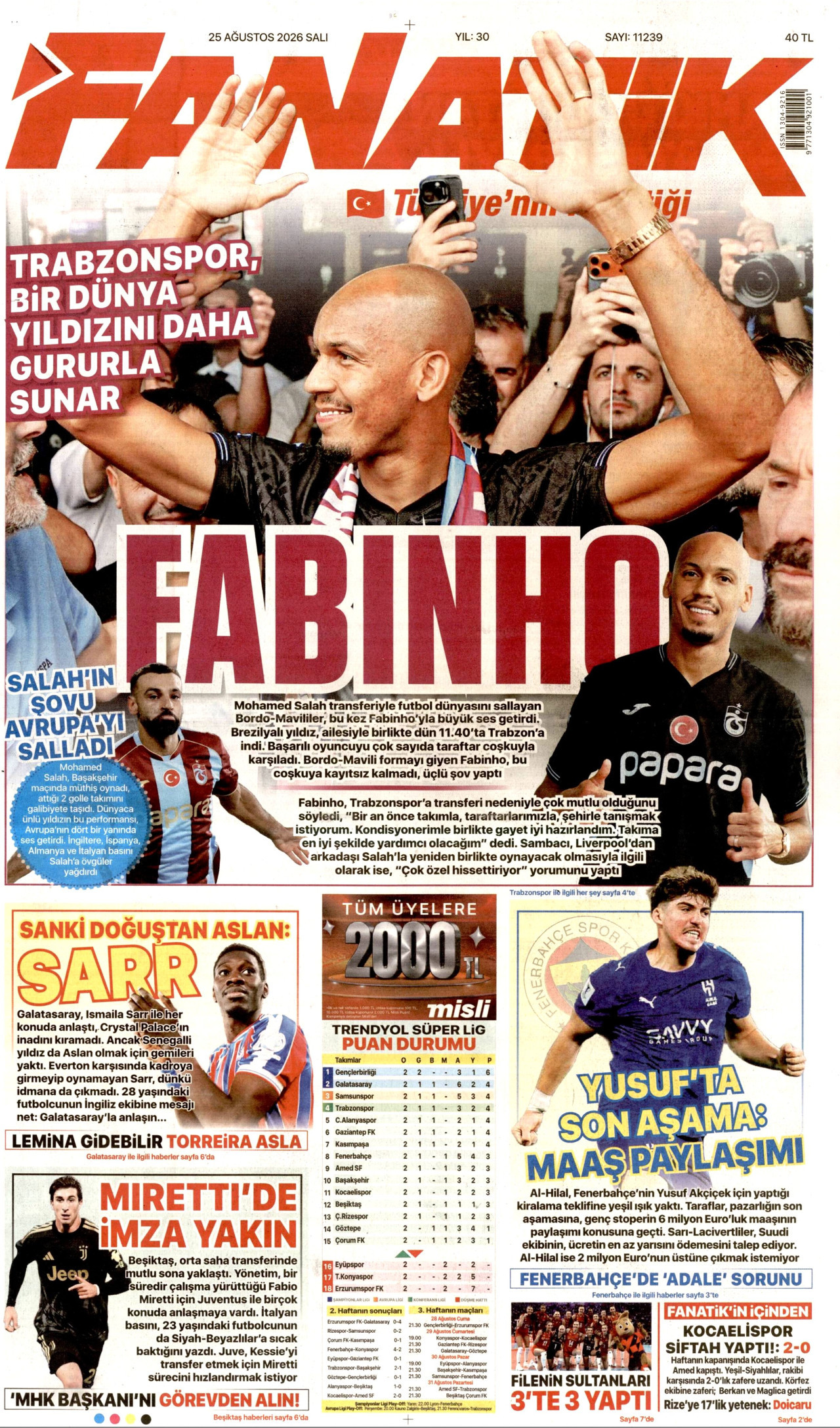 FANATİK gazetesinin 25 Ağustos 2026 tarihli birinci sayfası