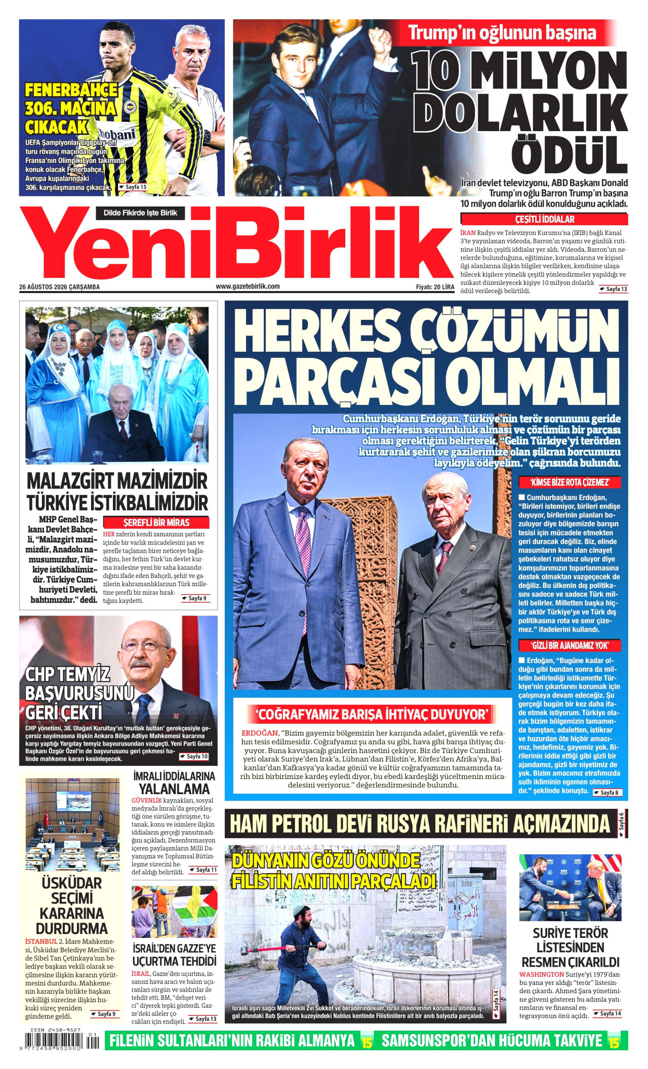 YENİBİRLİK 26 Ağustos 2026 Gazete Manşeti Büyük