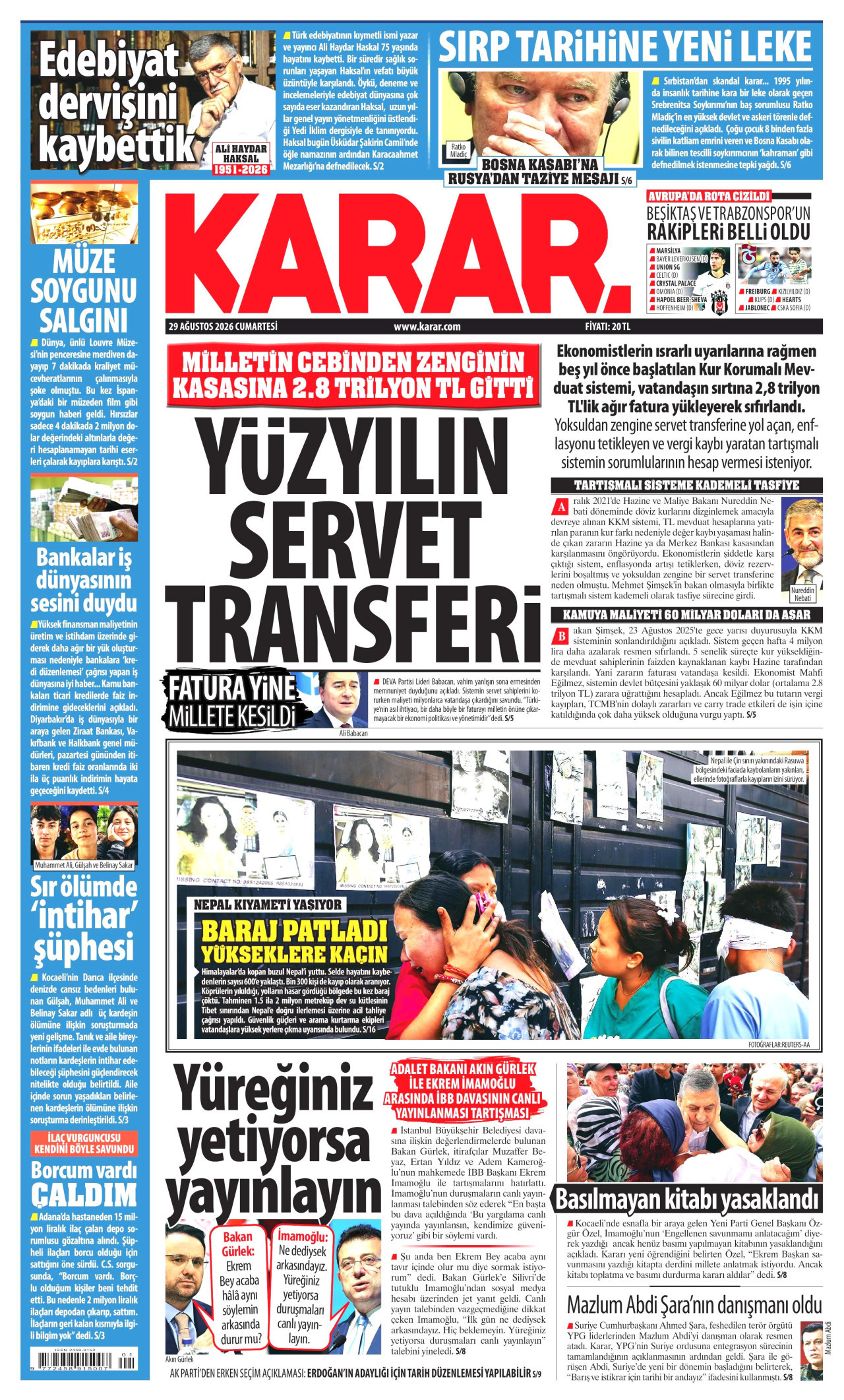 KARAR 29 Ağustos 2026 Gazete Manşeti Büyük