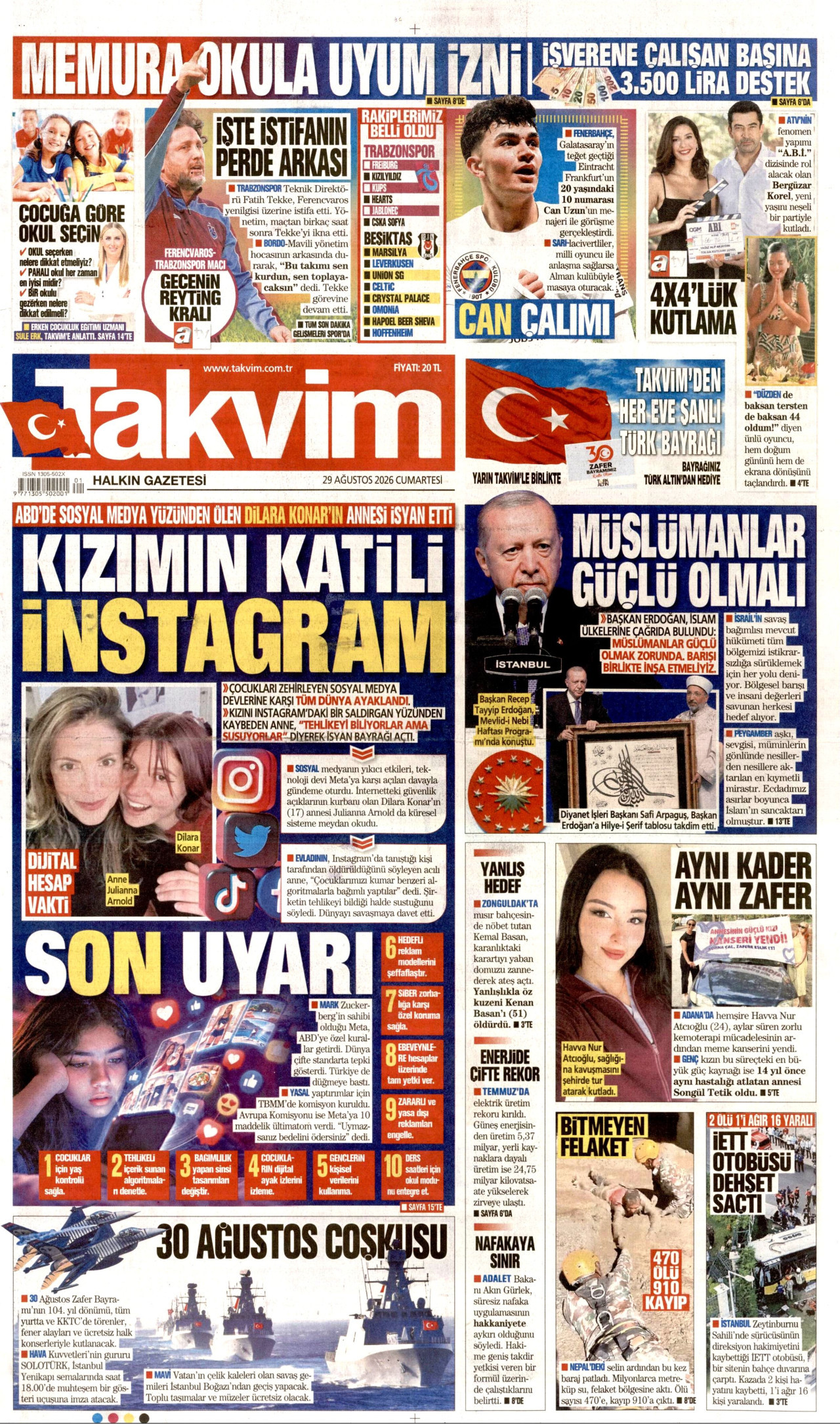TAKVİM 29 Ağustos 2026 Gazete Manşeti Büyük