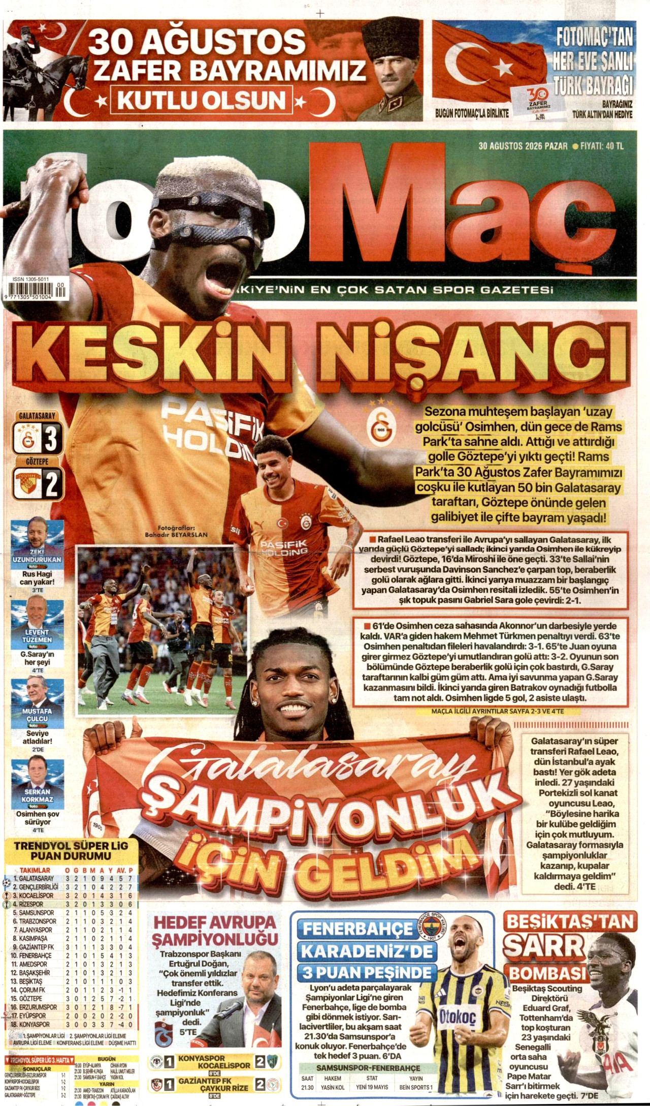 FOTOMAÇ 30 Ağustos 2026 Gazete Manşeti Büyük