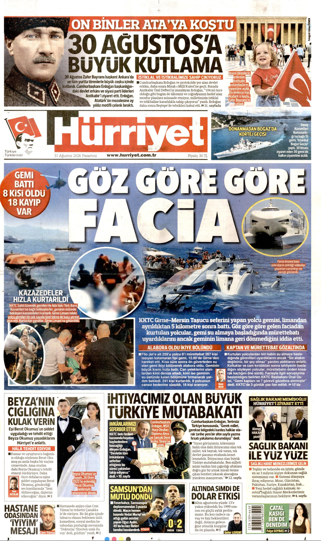 HÜRRİYET gazetesinin 31 Ağustos 2026 tarihli birinci sayfası