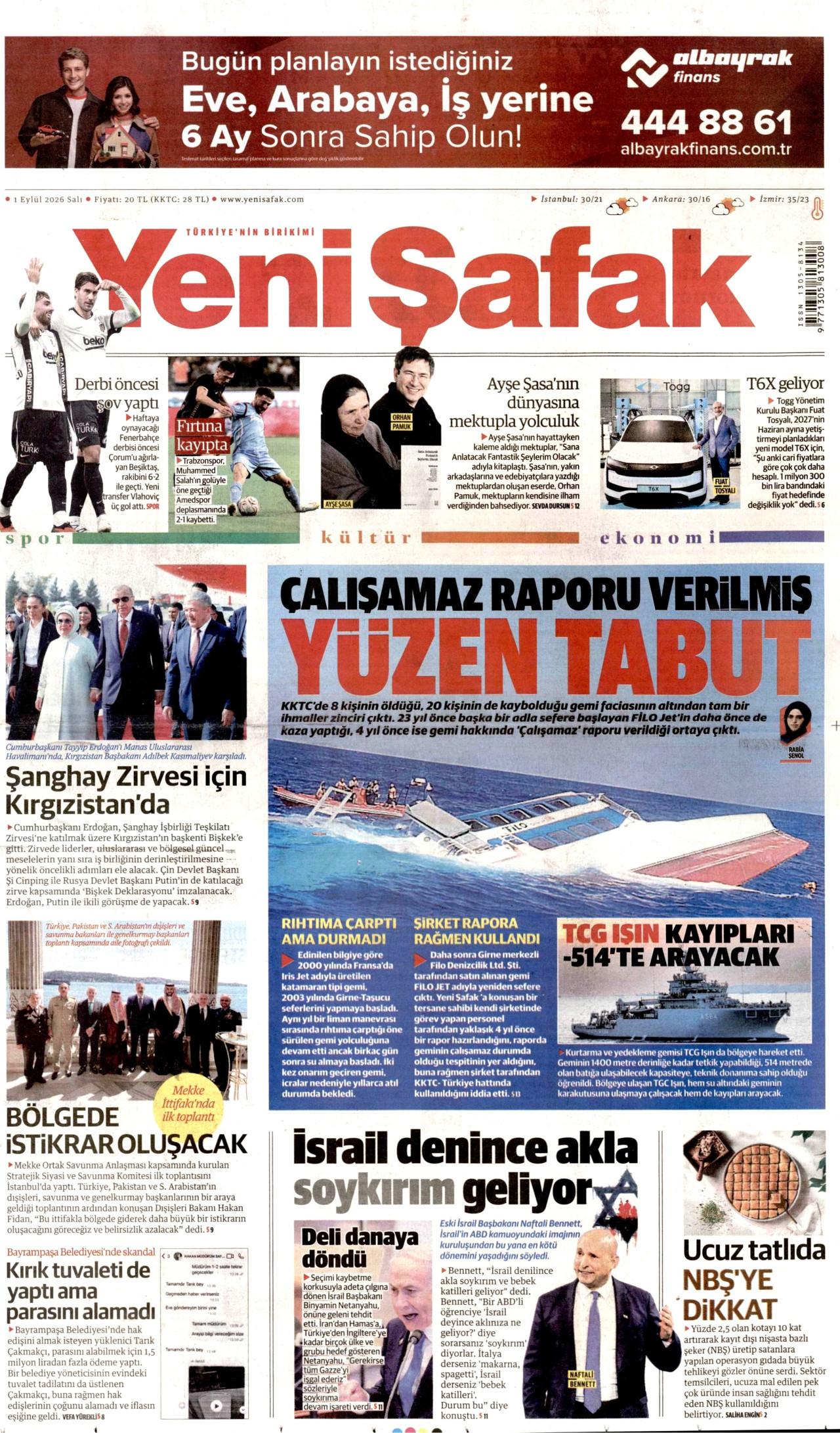 YENİ ŞAFAK gazetesinin 1 Eylül 2026 tarihli birinci sayfası