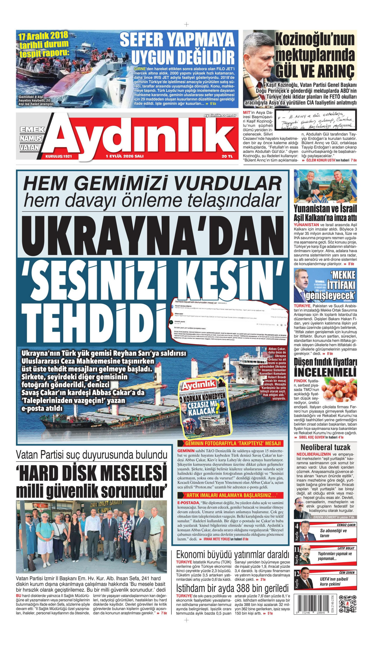 AYDINLIK GAZETESİ gazetesinin 1 Eylül 2026 tarihli birinci sayfası