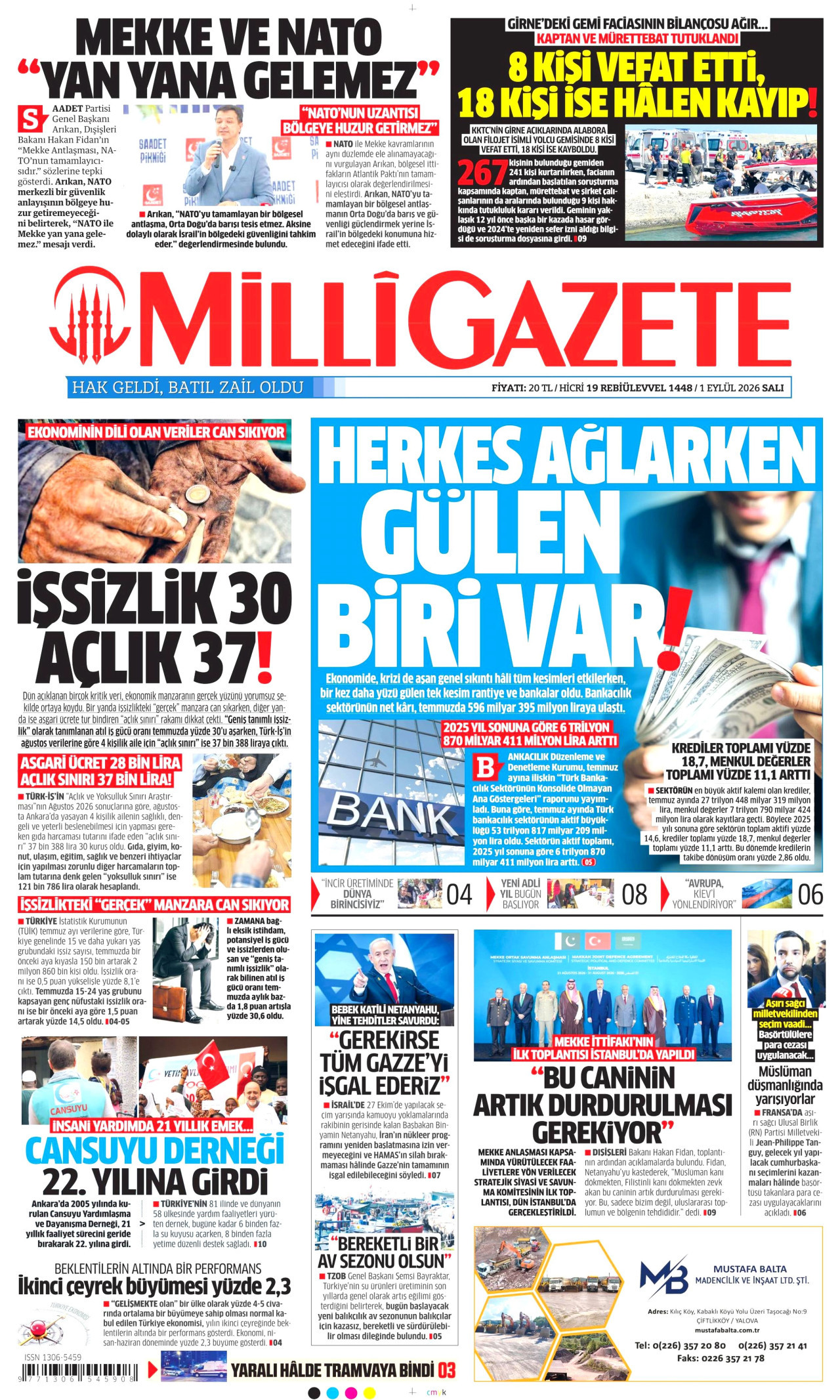 MİLLİ GAZETE gazetesinin 1 Eylül 2026 tarihli birinci sayfası