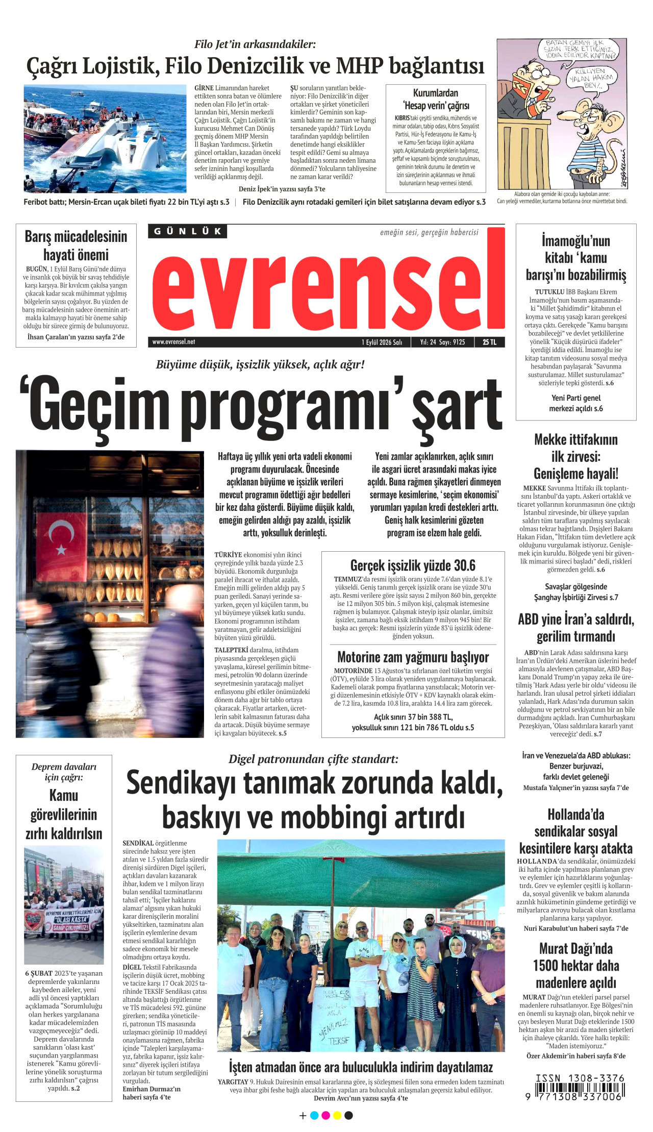 EVRENSEL gazetesinin 1 Eylül 2026 tarihli birinci sayfası
