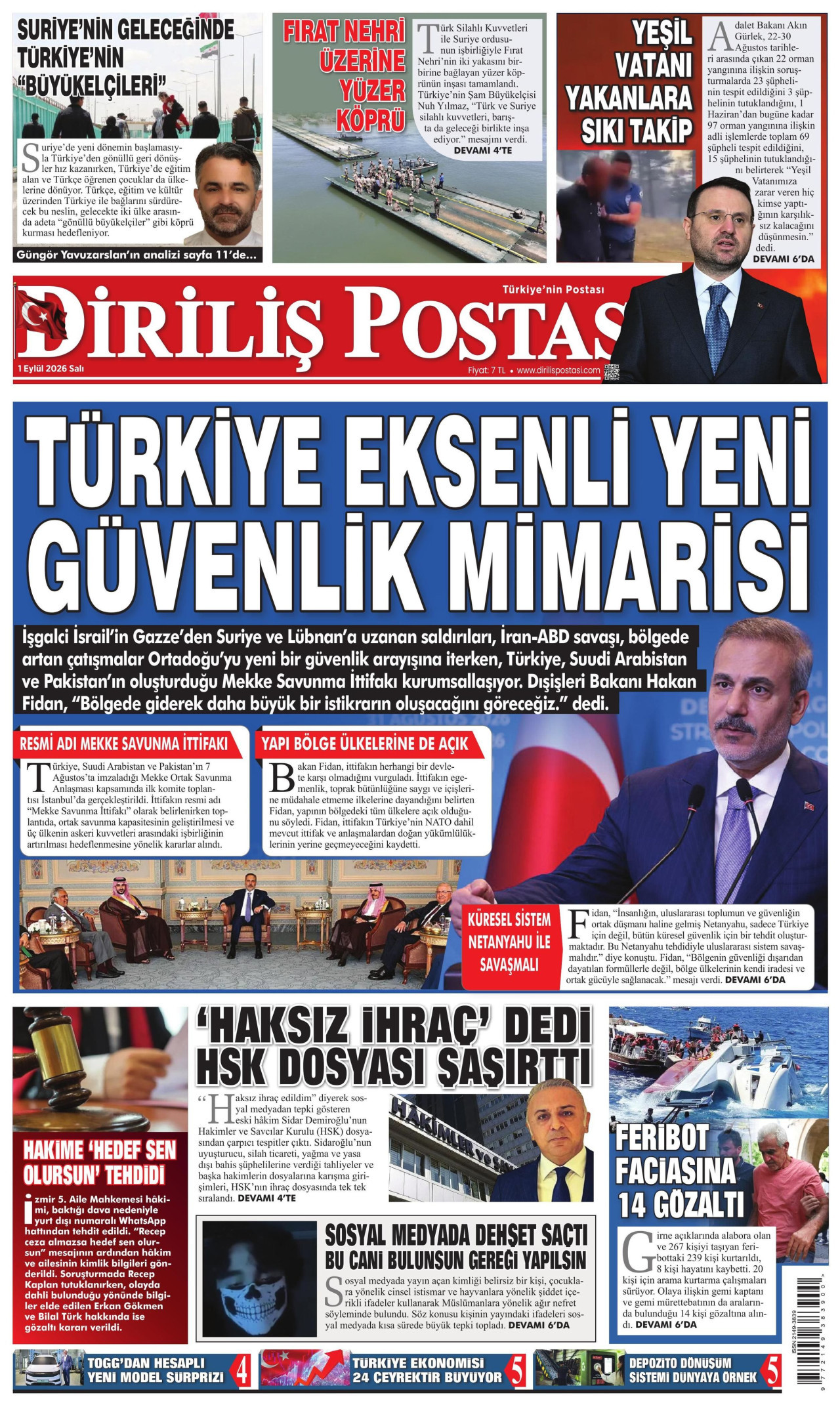DİRİLİŞ POSTASI gazetesinin 1 Eylül 2026 tarihli birinci sayfası
