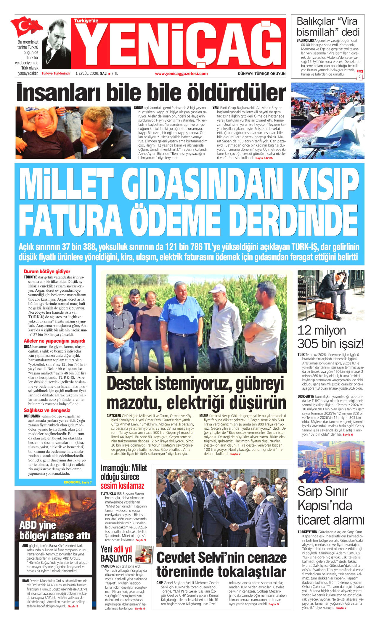 YENİÇAĞ gazetesinin 1 Eylül 2026 tarihli birinci sayfası