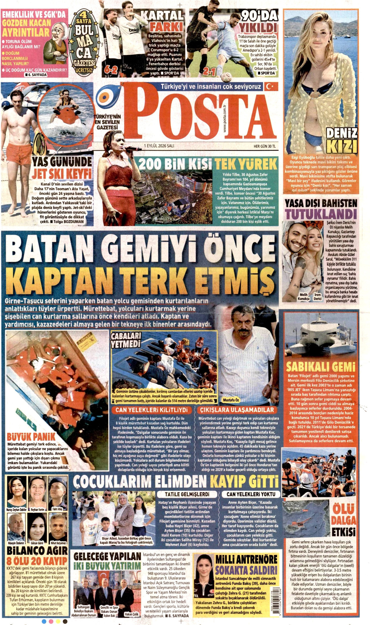 POSTA gazetesinin 1 Eylül 2026 tarihli birinci sayfası