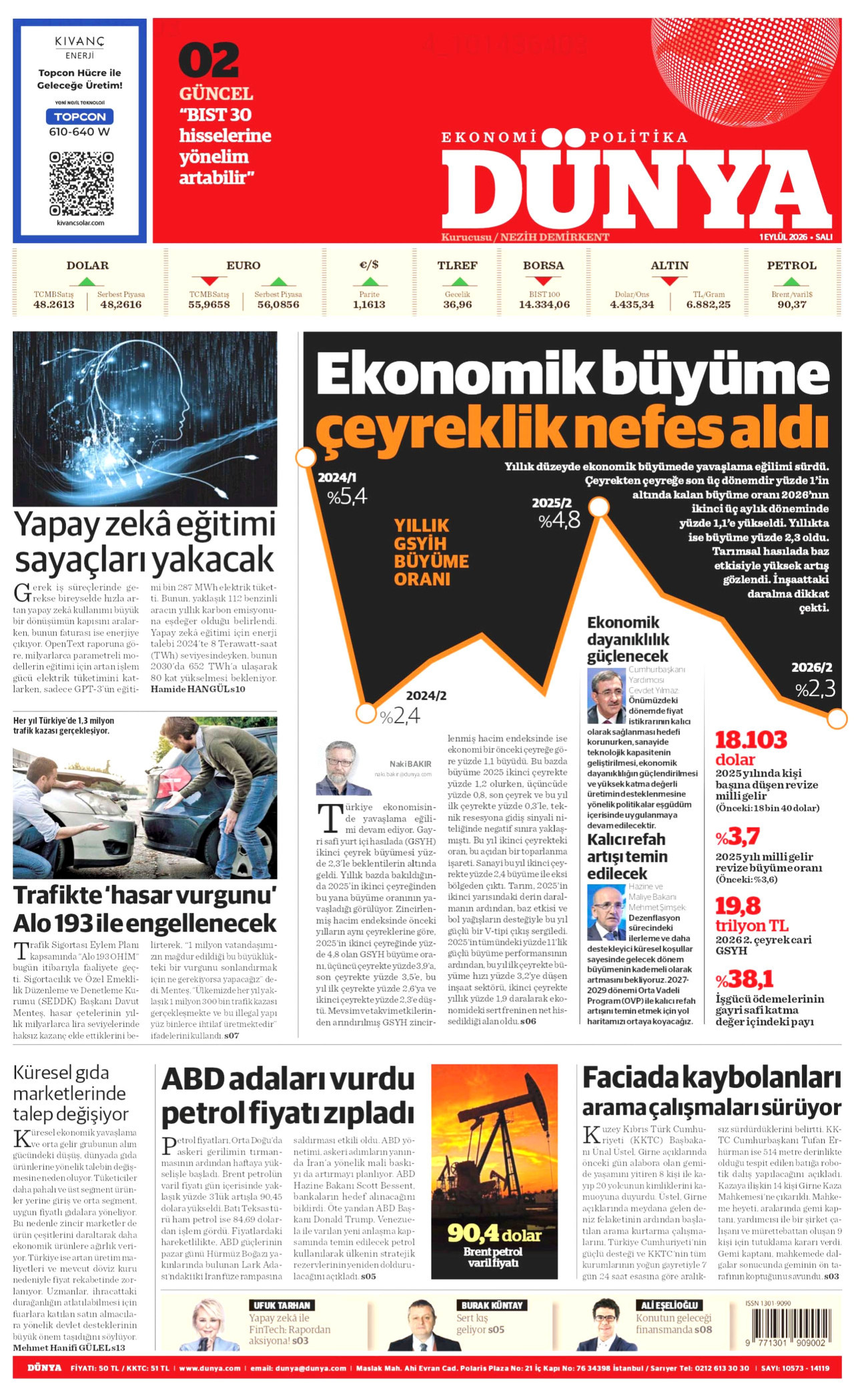 DÜNYA gazetesinin 1 Eylül 2026 tarihli birinci sayfası