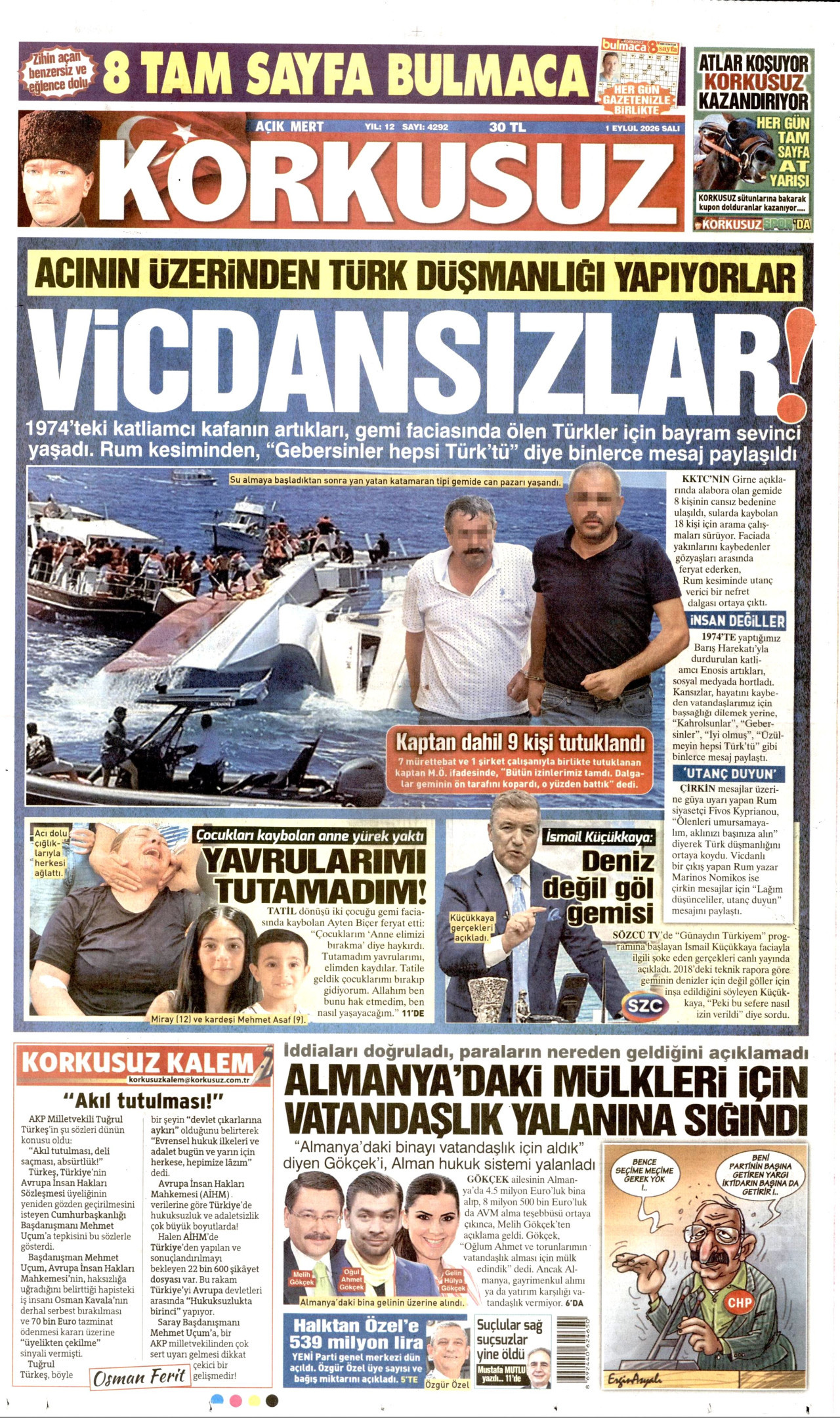KORKUSUZ gazetesinin 1 Eylül 2026 tarihli birinci sayfası