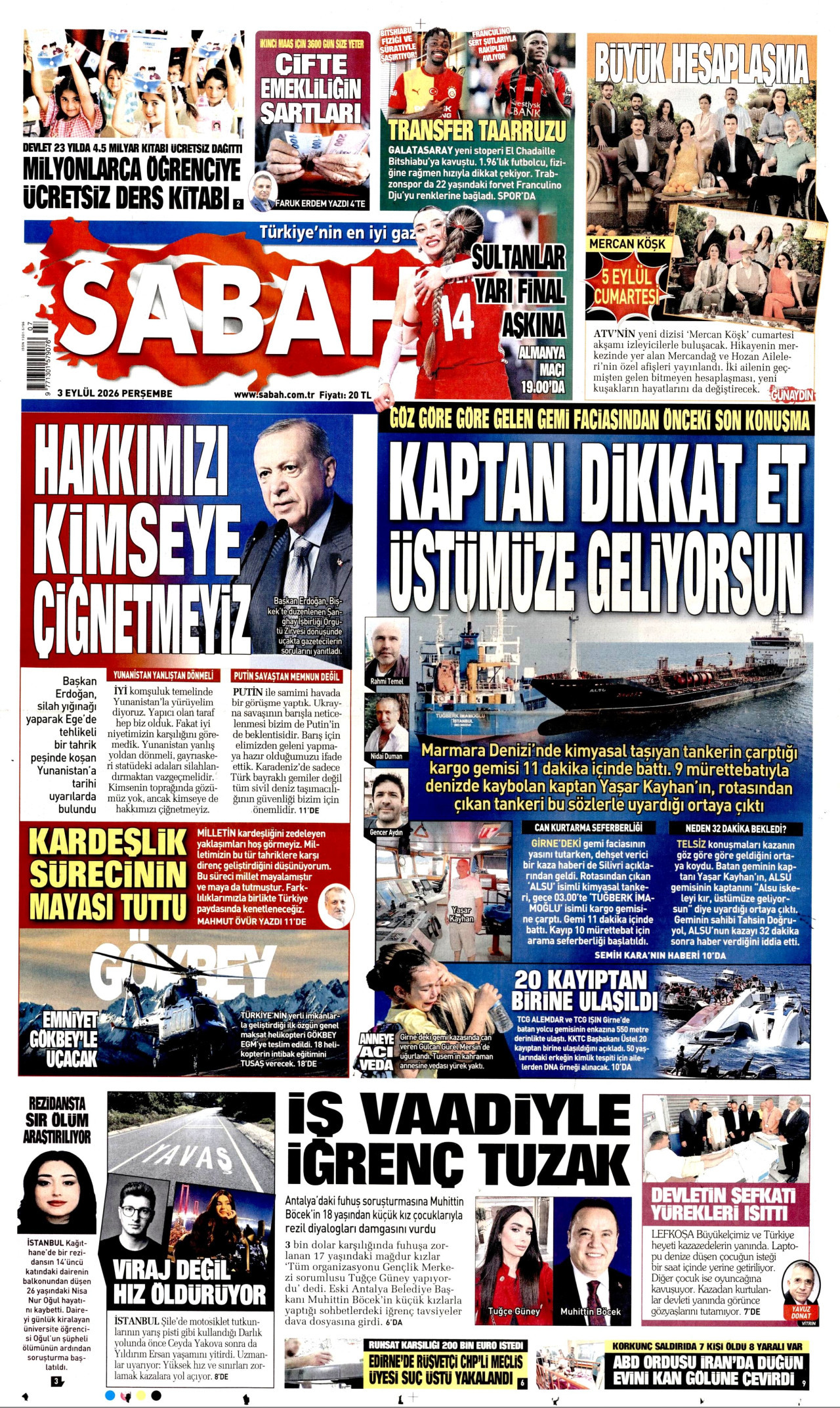 SABAH 3 Eylül 2026 Gazete Manşeti Büyük