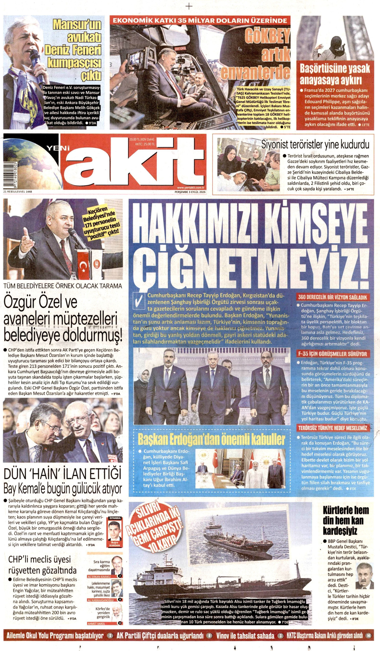 YENİ AKİT 3 Eylül 2026 Gazete Manşeti Büyük
