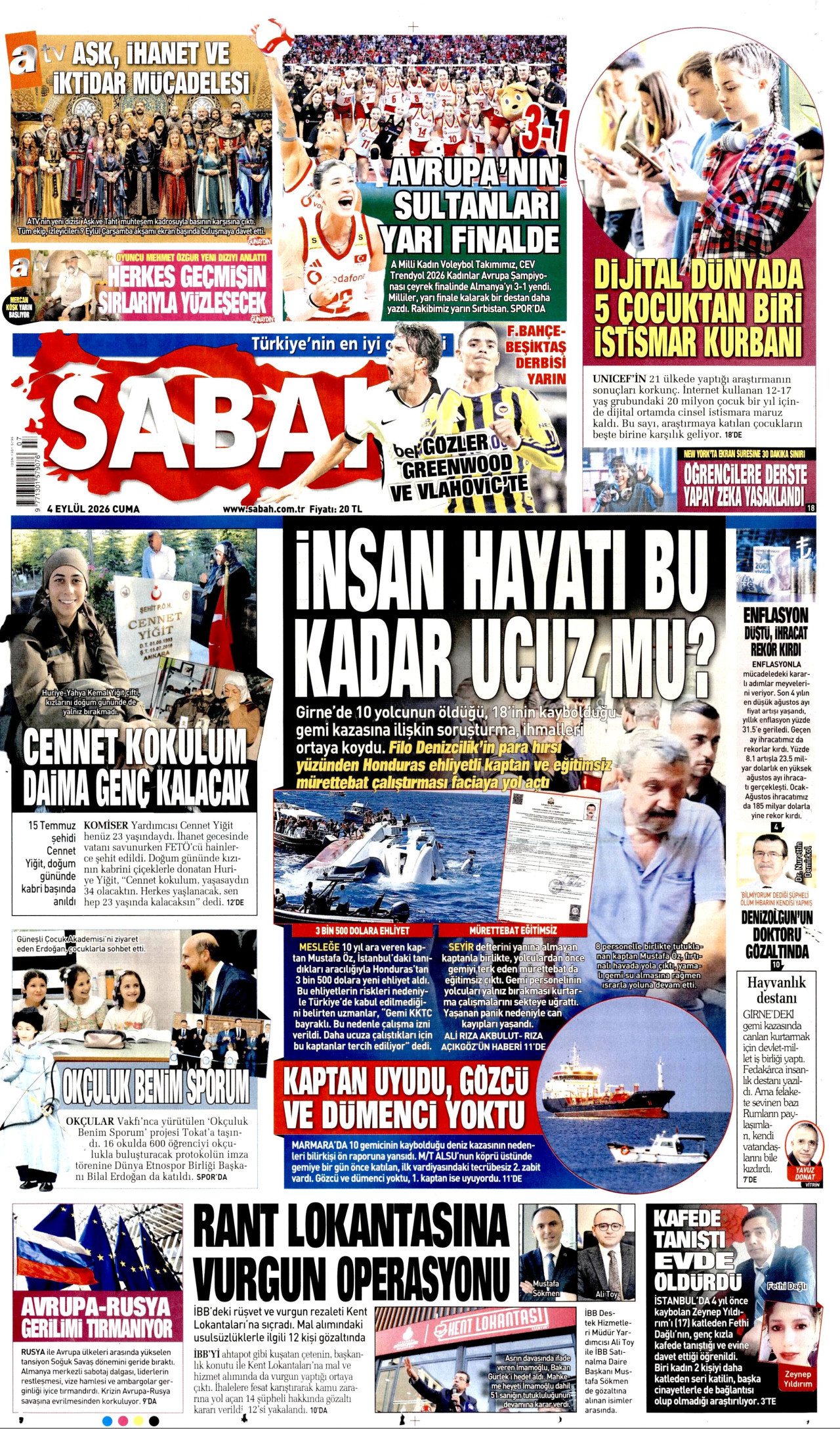 SABAH gazetesinin 4 Eylül 2026 tarihli birinci sayfası