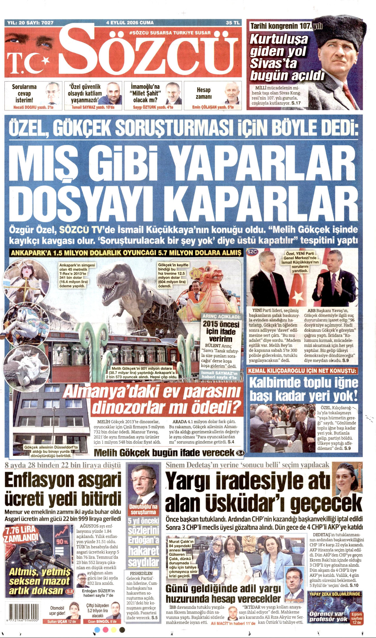 SÖZCÜ gazetesinin 4 Eylül 2026 tarihli birinci sayfası