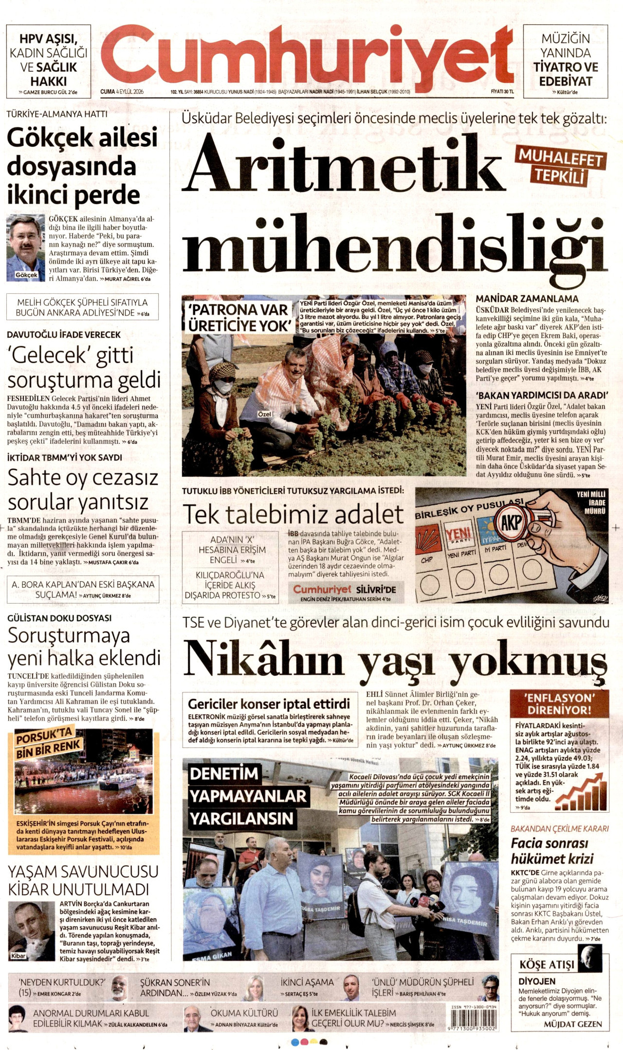 CUMHURİYET gazetesinin 4 Eylül 2026 tarihli birinci sayfası