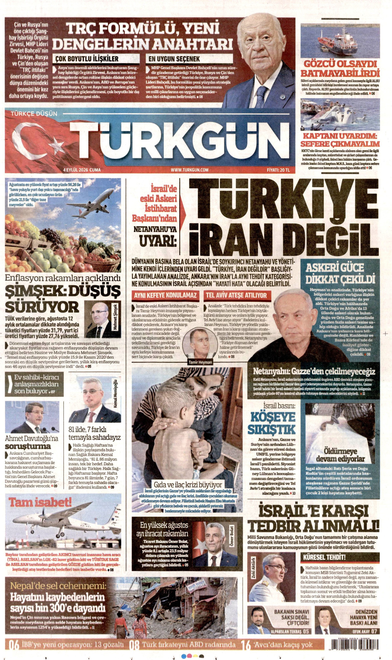 TÜRKGÜN gazetesinin 4 Eylül 2026 tarihli birinci sayfası