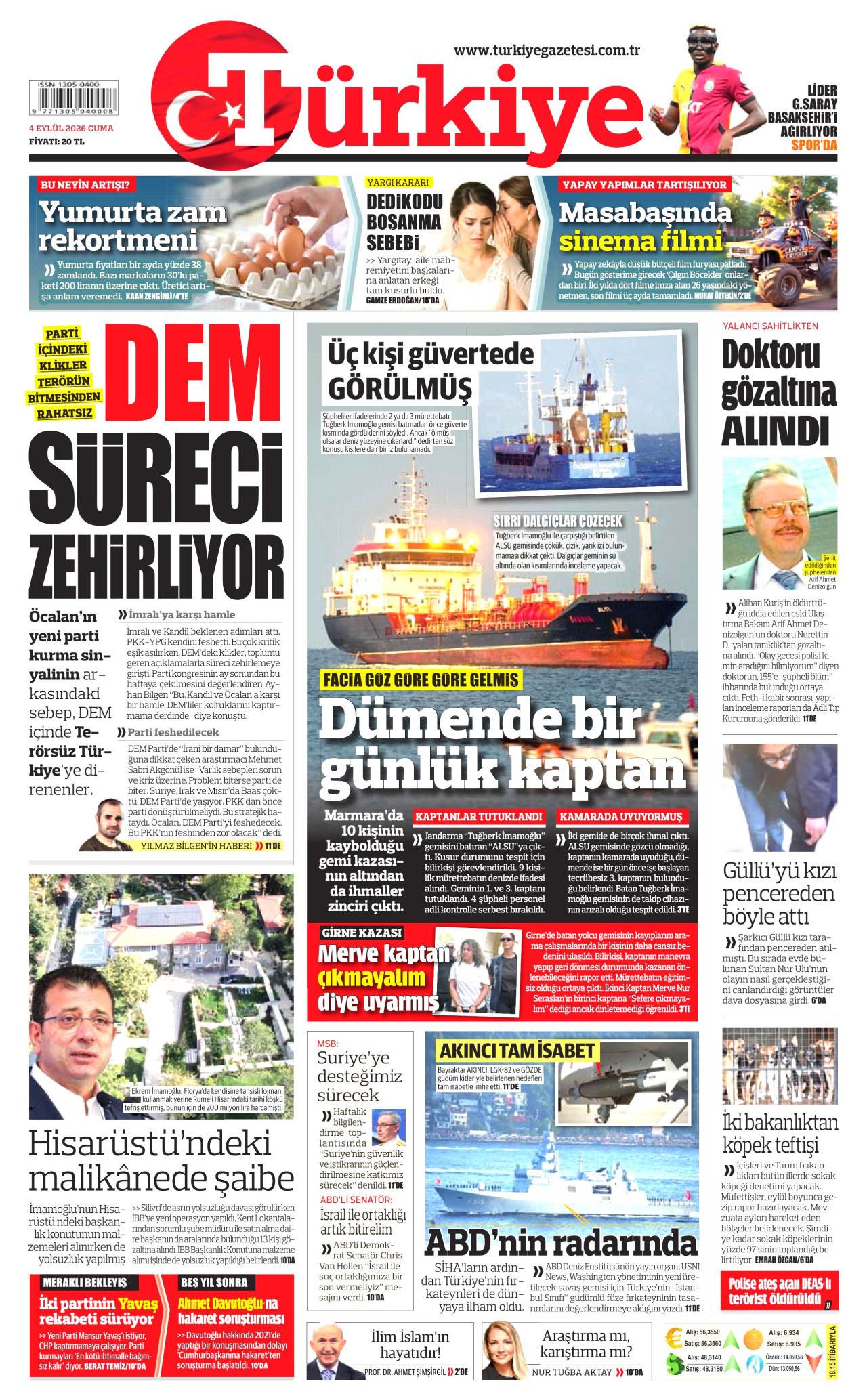 TÜRKİYE GAZETESİ gazetesinin 4 Eylül 2026 tarihli birinci sayfası