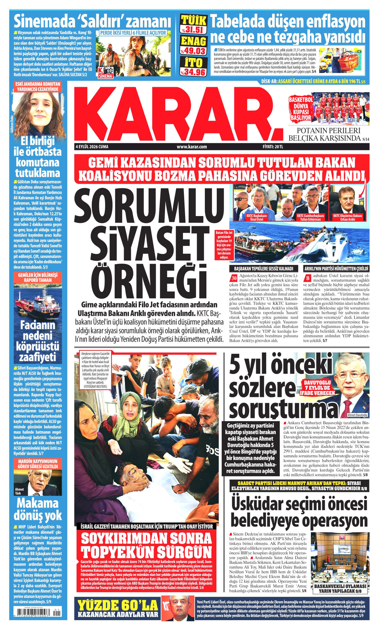 KARAR gazetesinin 4 Eylül 2026 tarihli birinci sayfası
