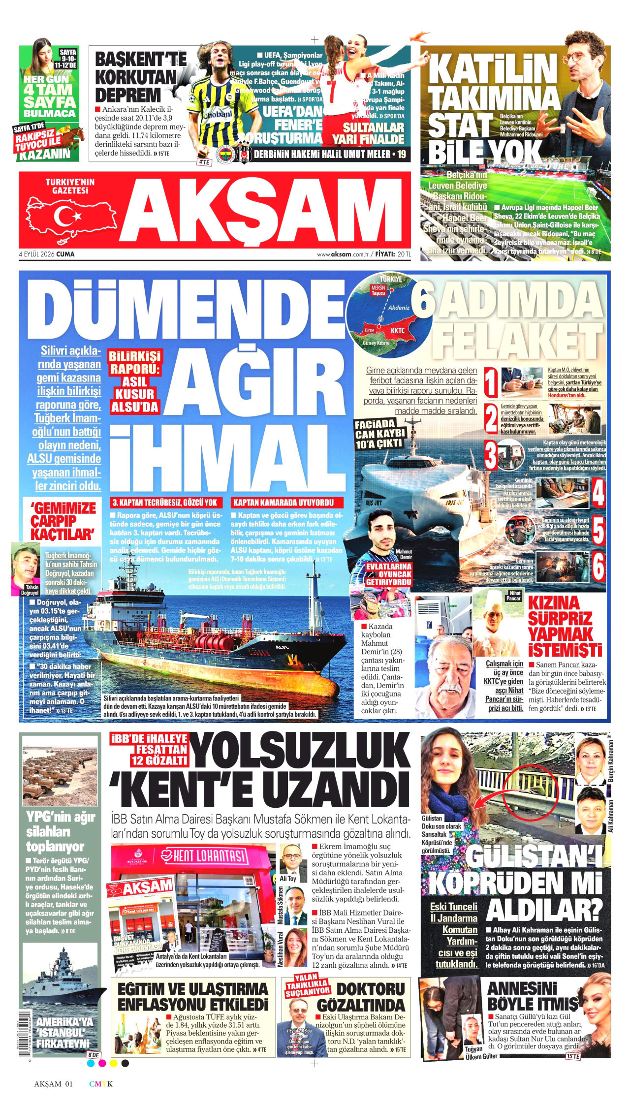 AKŞAM gazetesinin 4 Eylül 2026 tarihli birinci sayfası