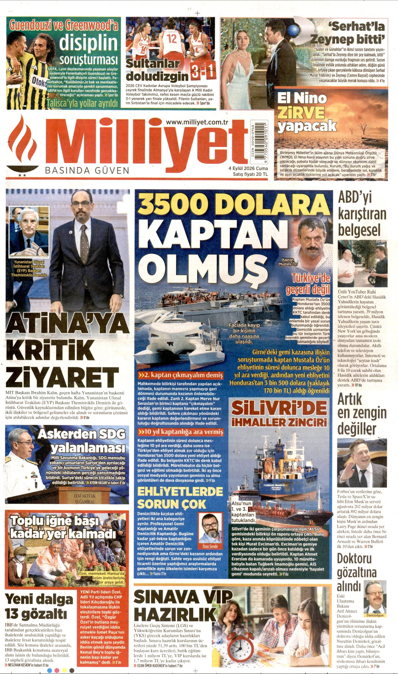MİLLİYET gazetesinin 4 Eylül 2026 tarihli birinci sayfası