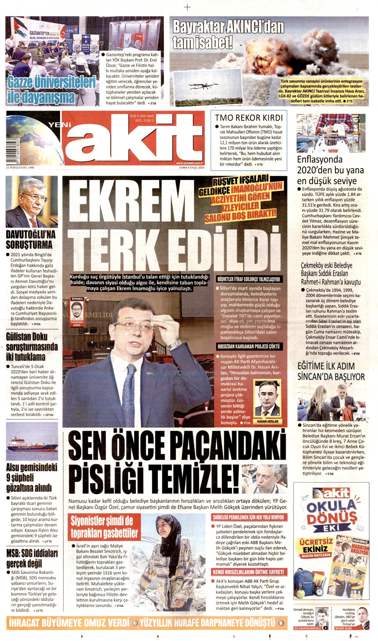 YENİ AKİT gazetesinin 4 Eylül 2026 tarihli birinci sayfası