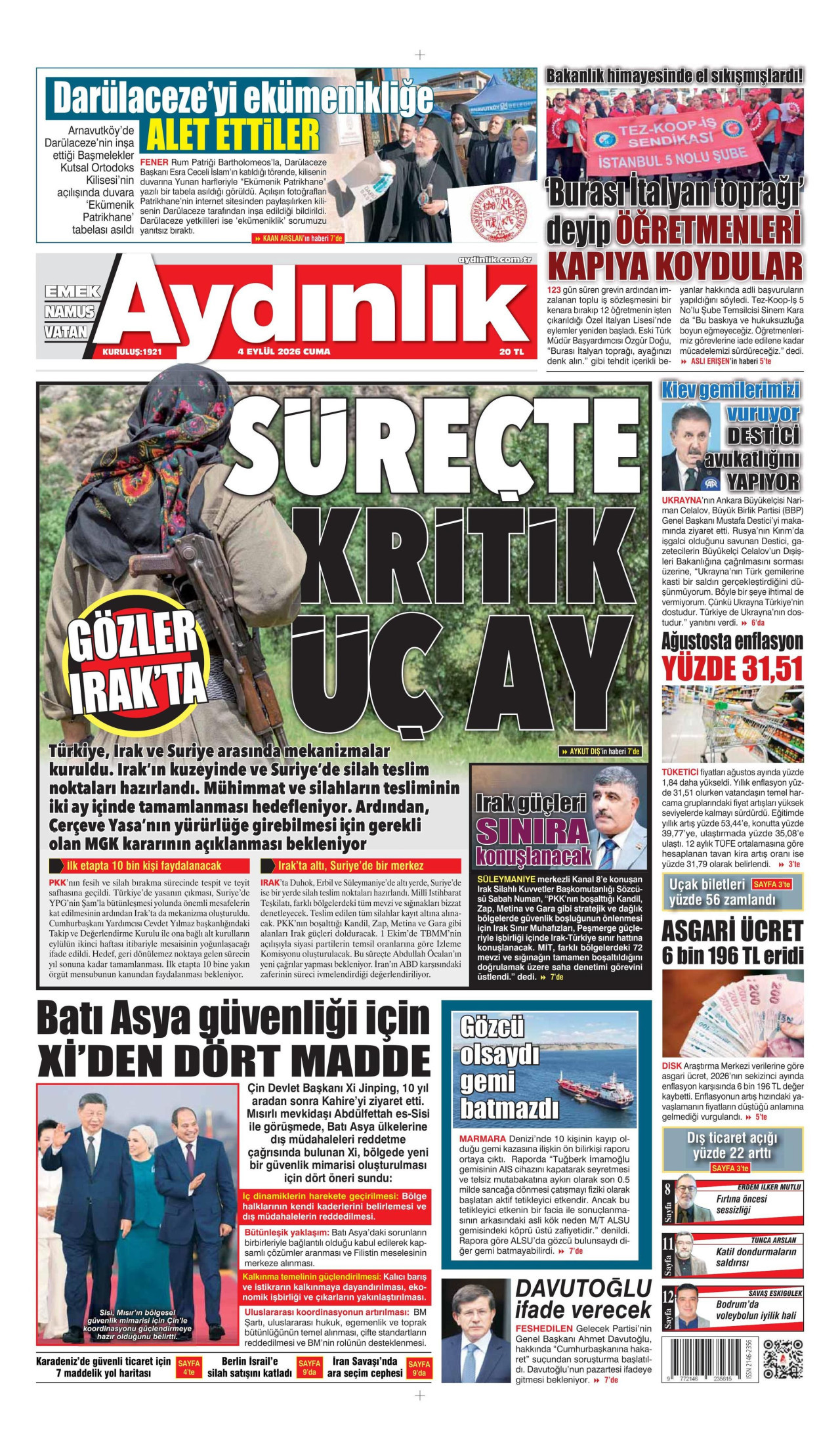 AYDINLIK GAZETESİ gazetesinin 4 Eylül 2026 tarihli birinci sayfası