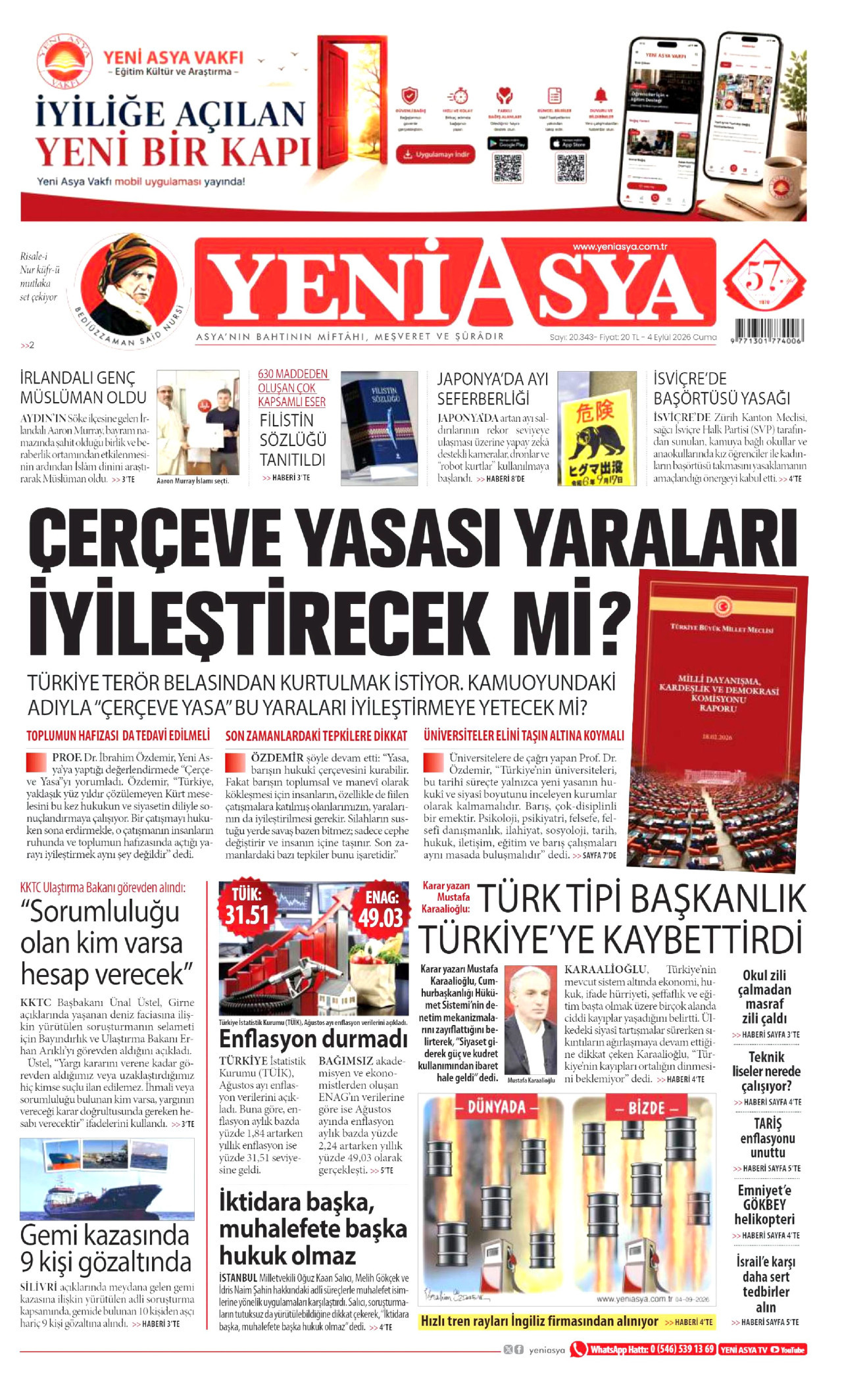 YENİ ASYA gazetesinin 4 Eylül 2026 tarihli birinci sayfası
