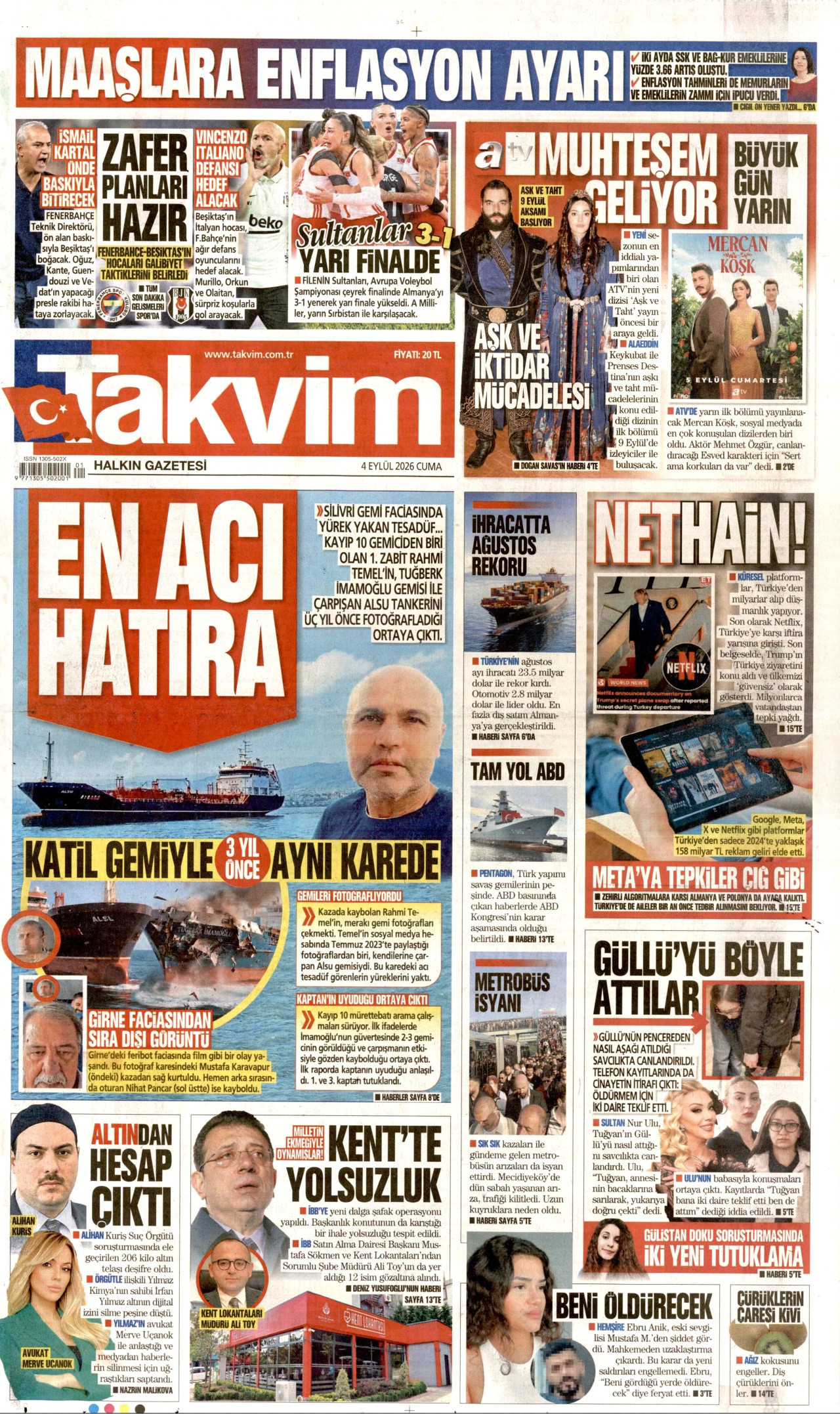 TAKVİM gazetesinin 4 Eylül 2026 tarihli birinci sayfası