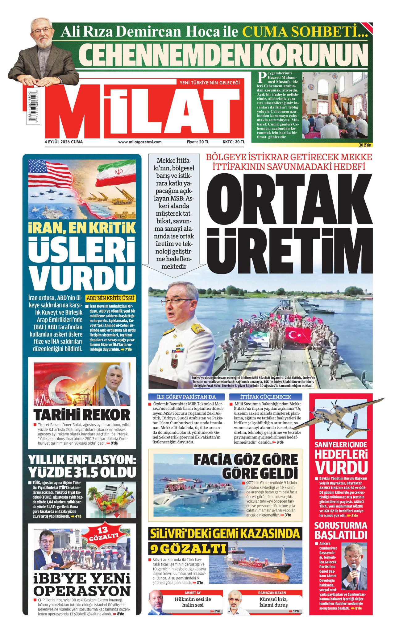 MİLAT gazetesinin 4 Eylül 2026 tarihli birinci sayfası