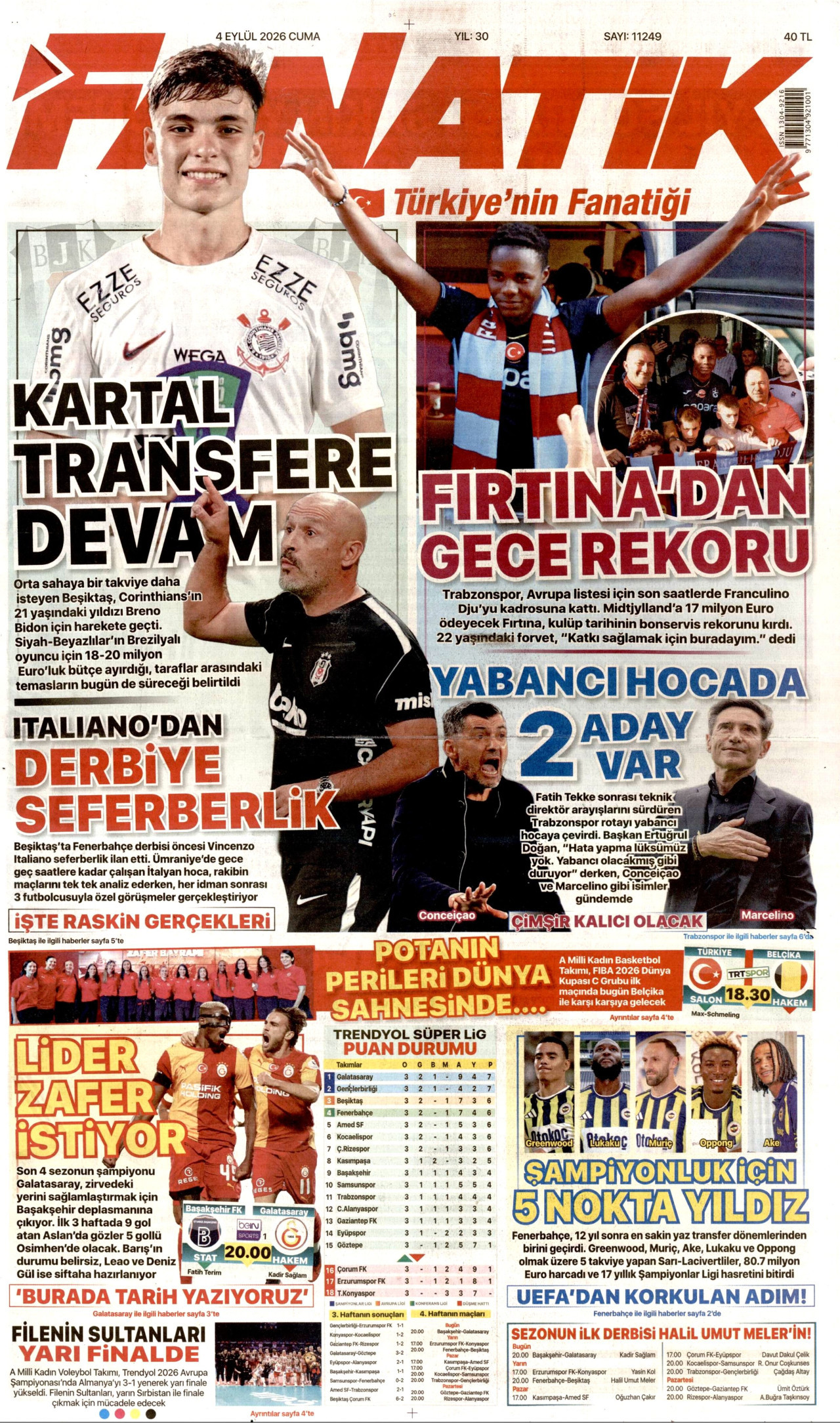 FANATİK gazetesinin 4 Eylül 2026 tarihli birinci sayfası