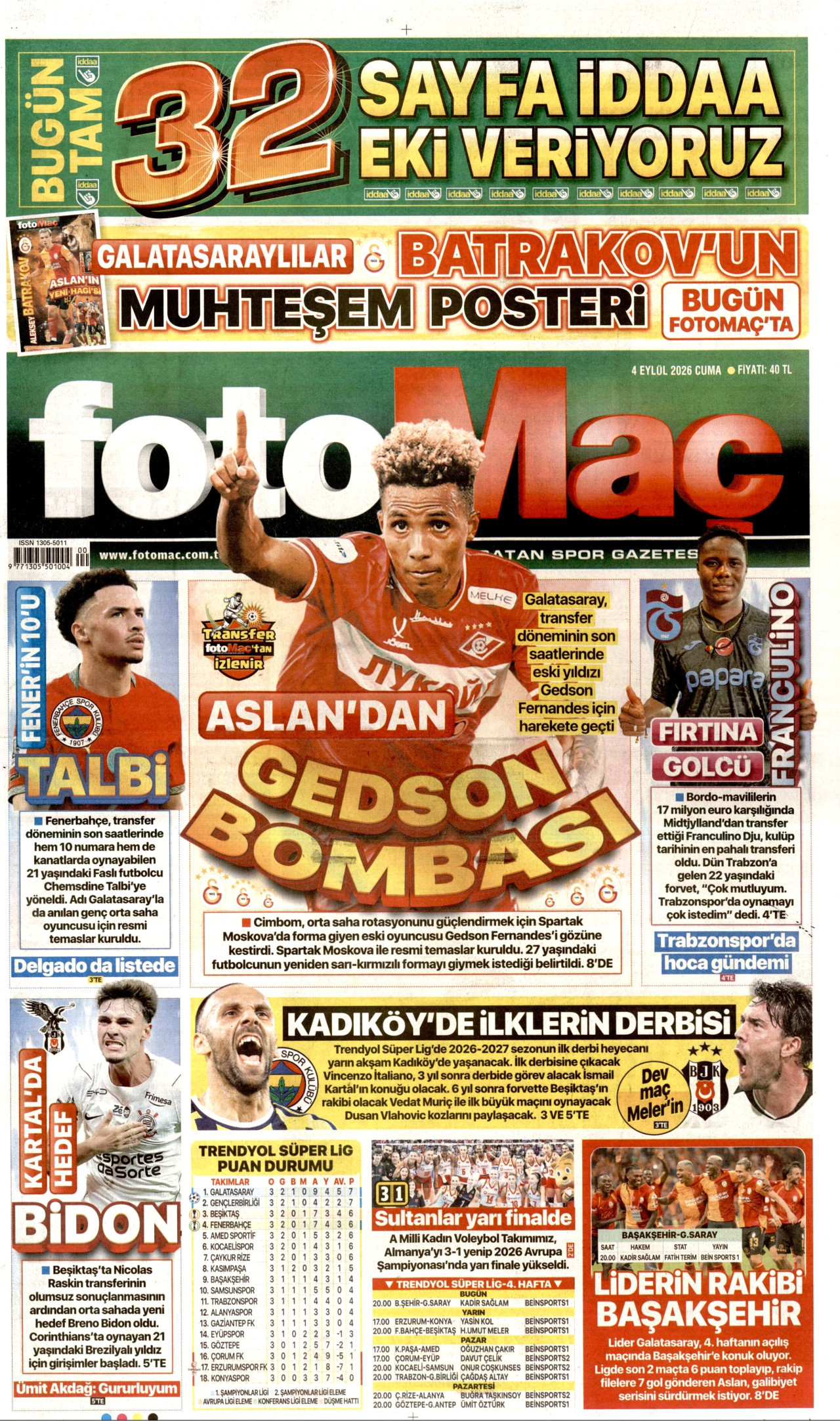 FOTOMAÇ gazetesinin 4 Eylül 2026 tarihli birinci sayfası