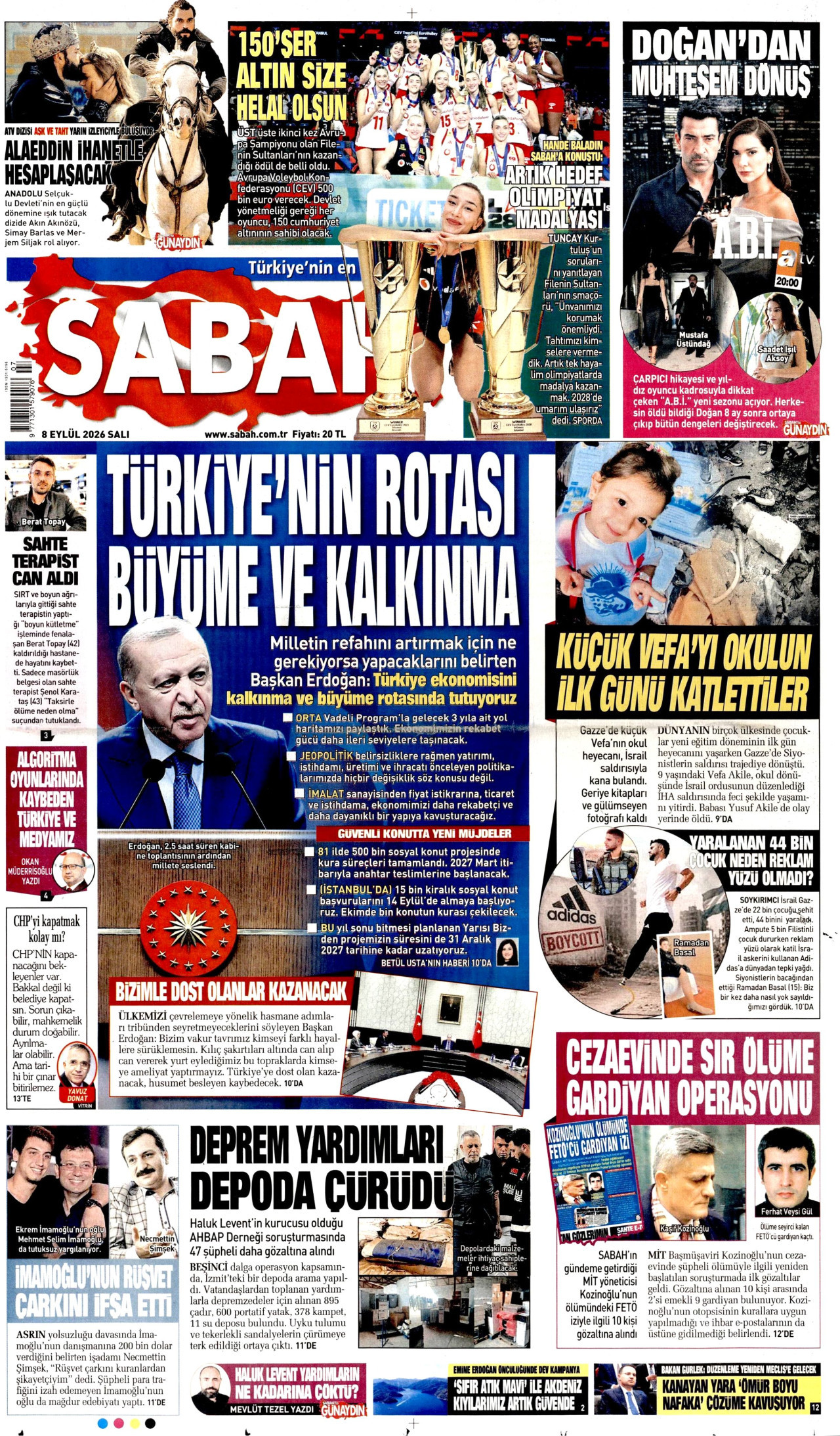 SABAH 8 Eylül 2026 Gazete Manşeti Büyük