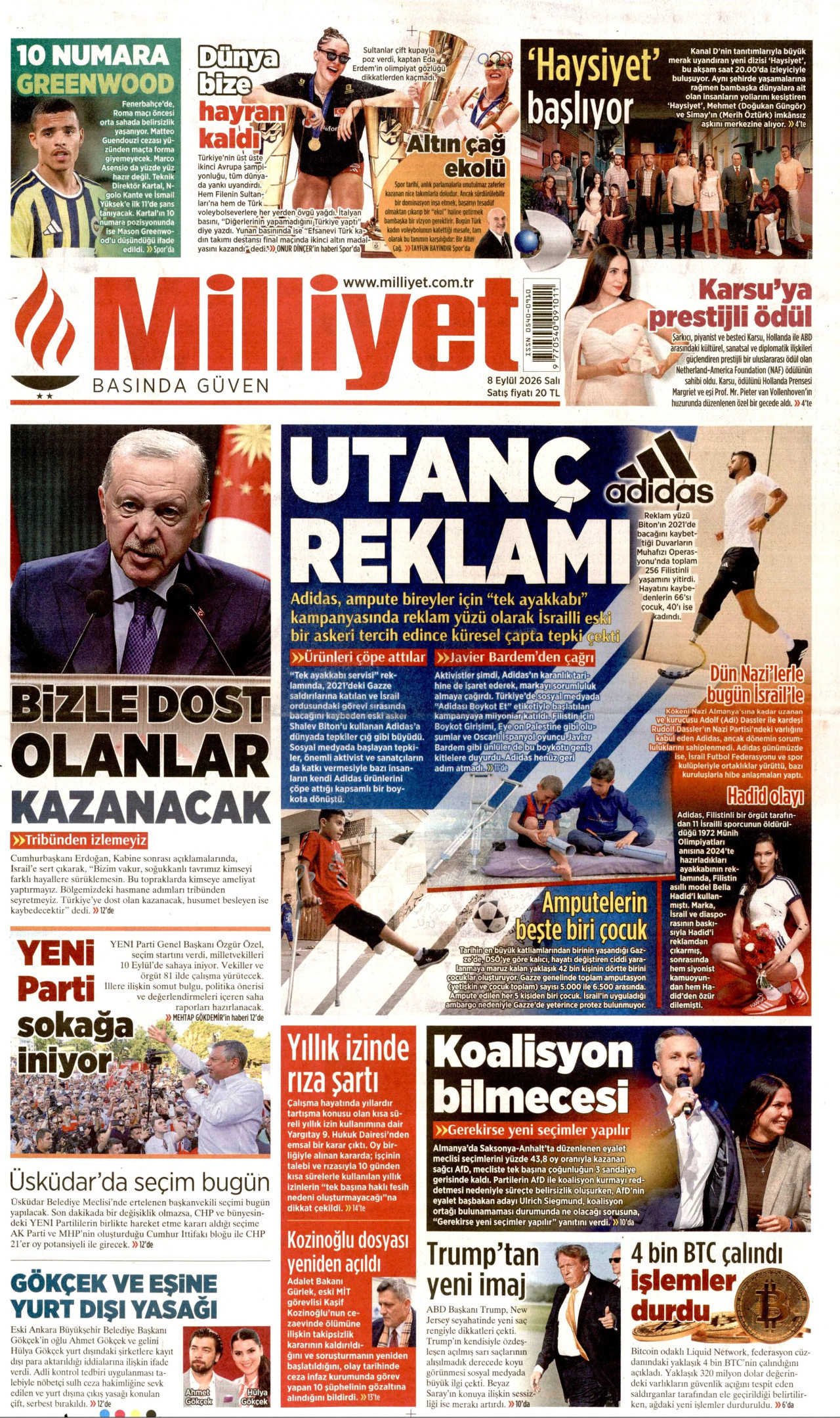 MİLLİYET 8 Eylül 2026 Gazete Manşeti Büyük