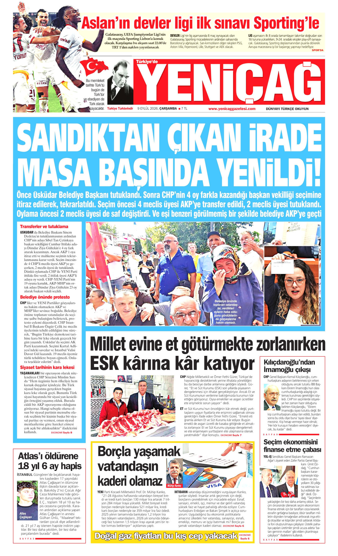 YENİÇAĞ 9 Eylül 2026 Gazete Manşeti Büyük