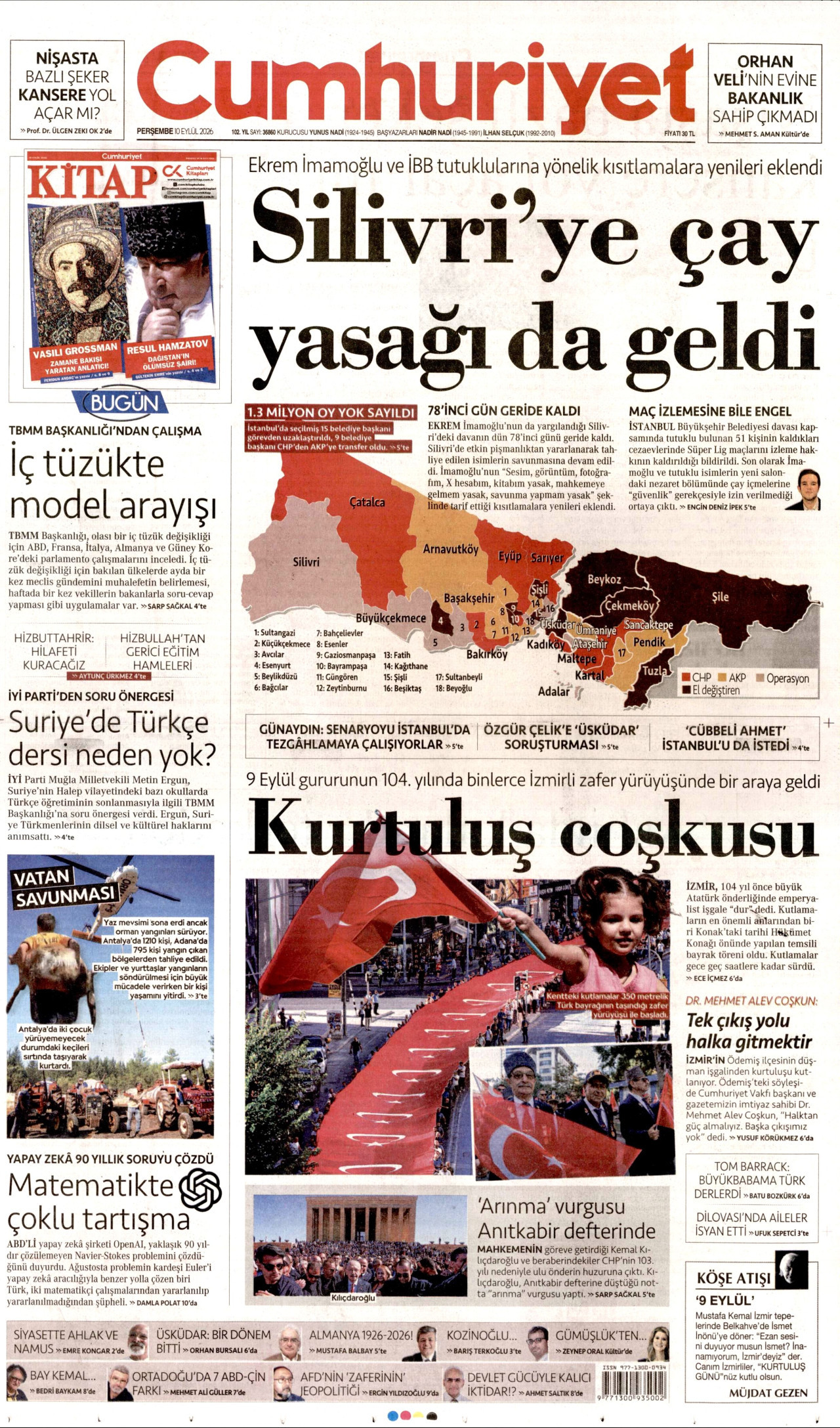 CUMHURİYET gazetesinin 10 Eylül 2026 tarihli birinci sayfası
