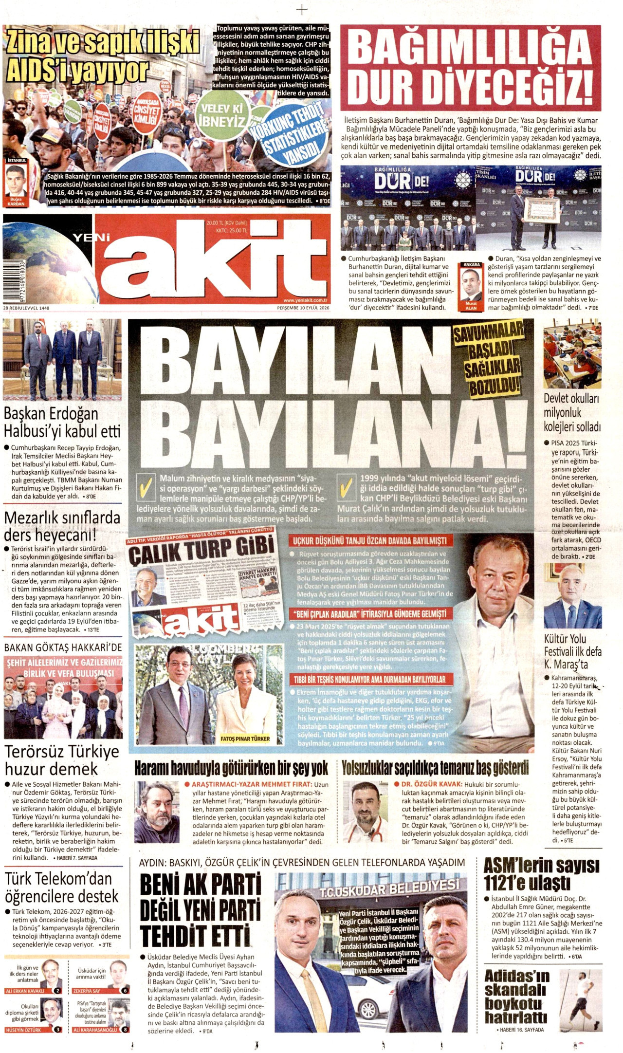 YENİ AKİT gazetesinin 10 Eylül 2026 tarihli birinci sayfası
