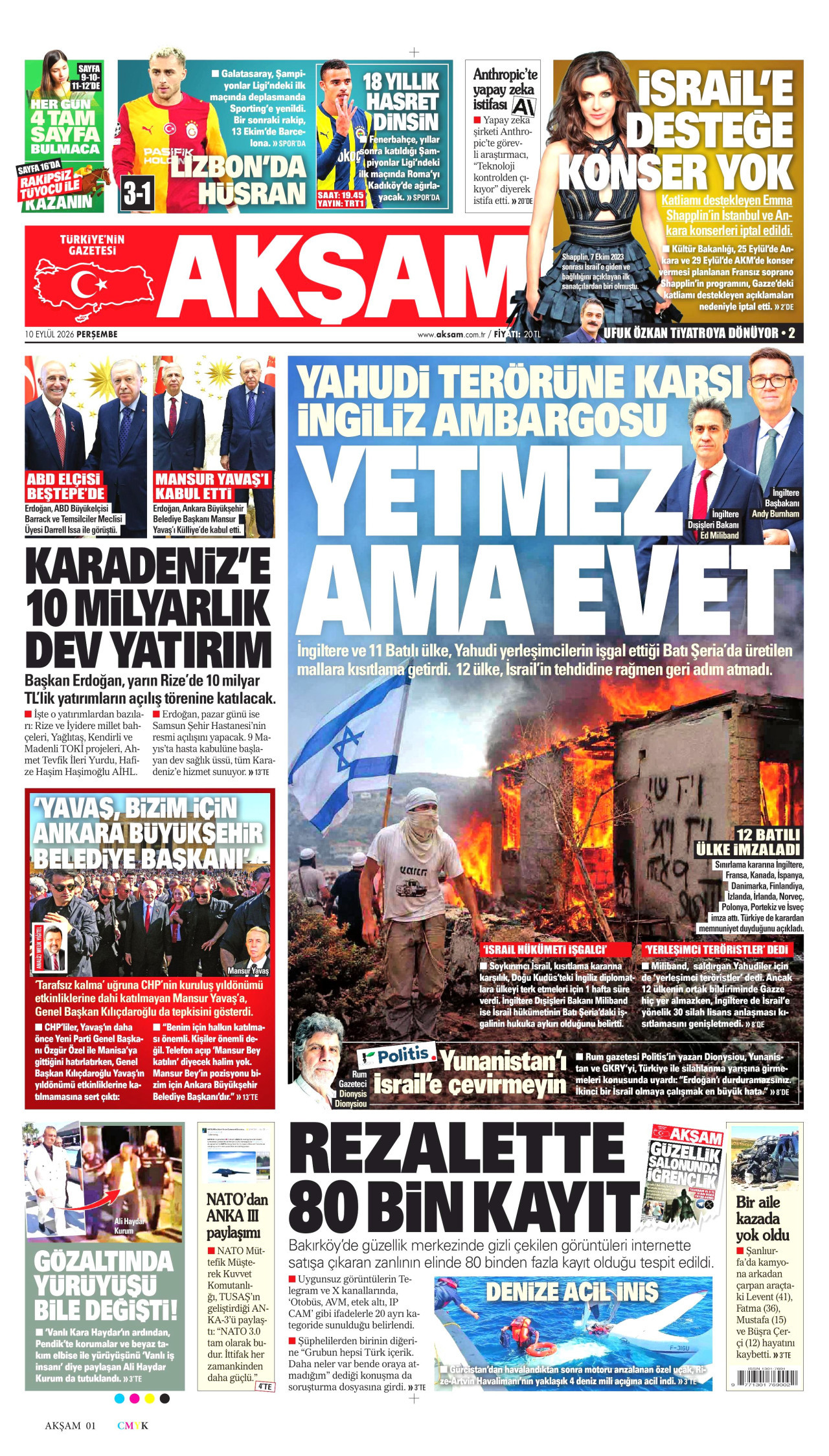 AKŞAM gazetesinin 10 Eylül 2026 tarihli birinci sayfası