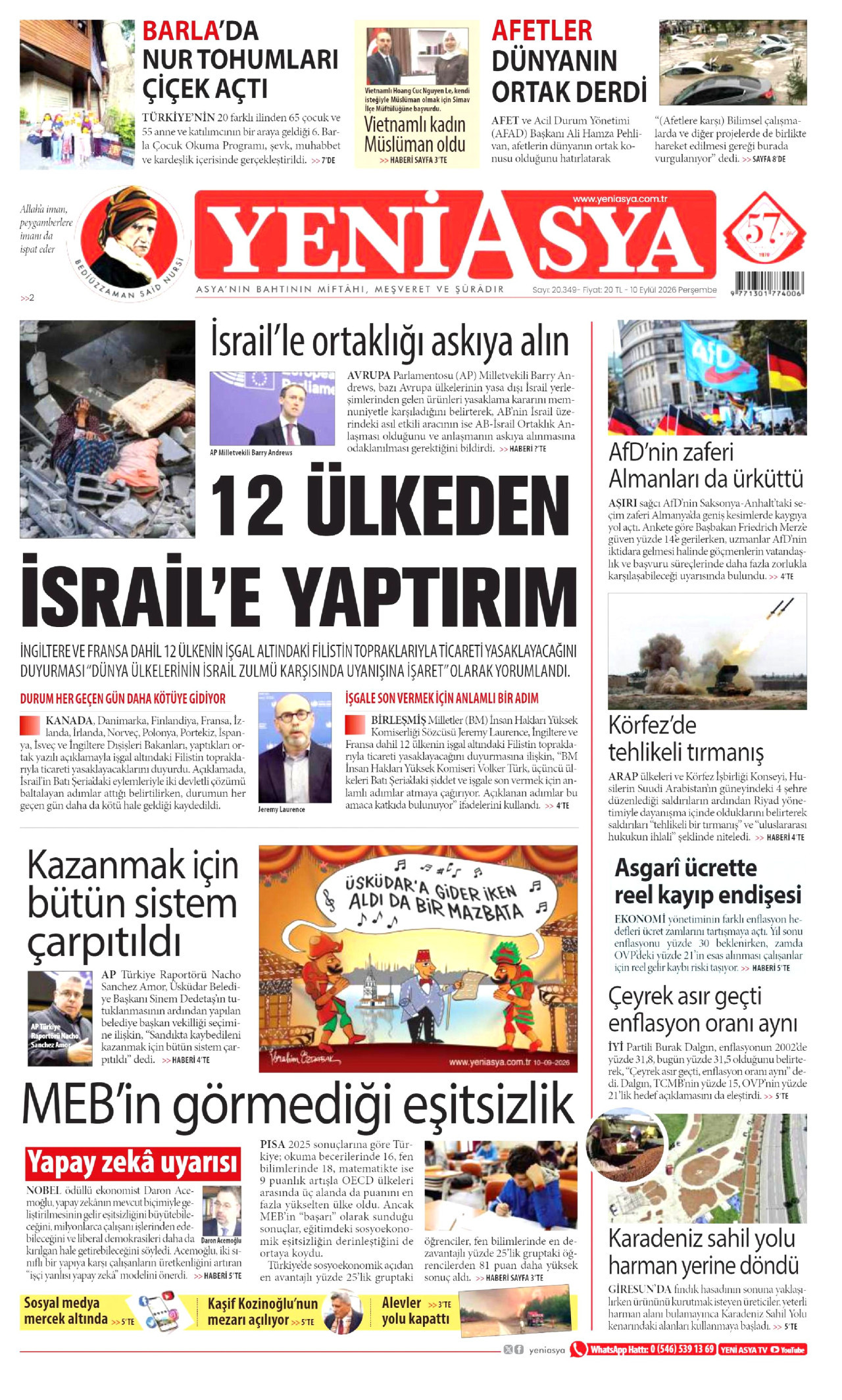 YENİ ASYA gazetesinin 10 Eylül 2026 tarihli birinci sayfası