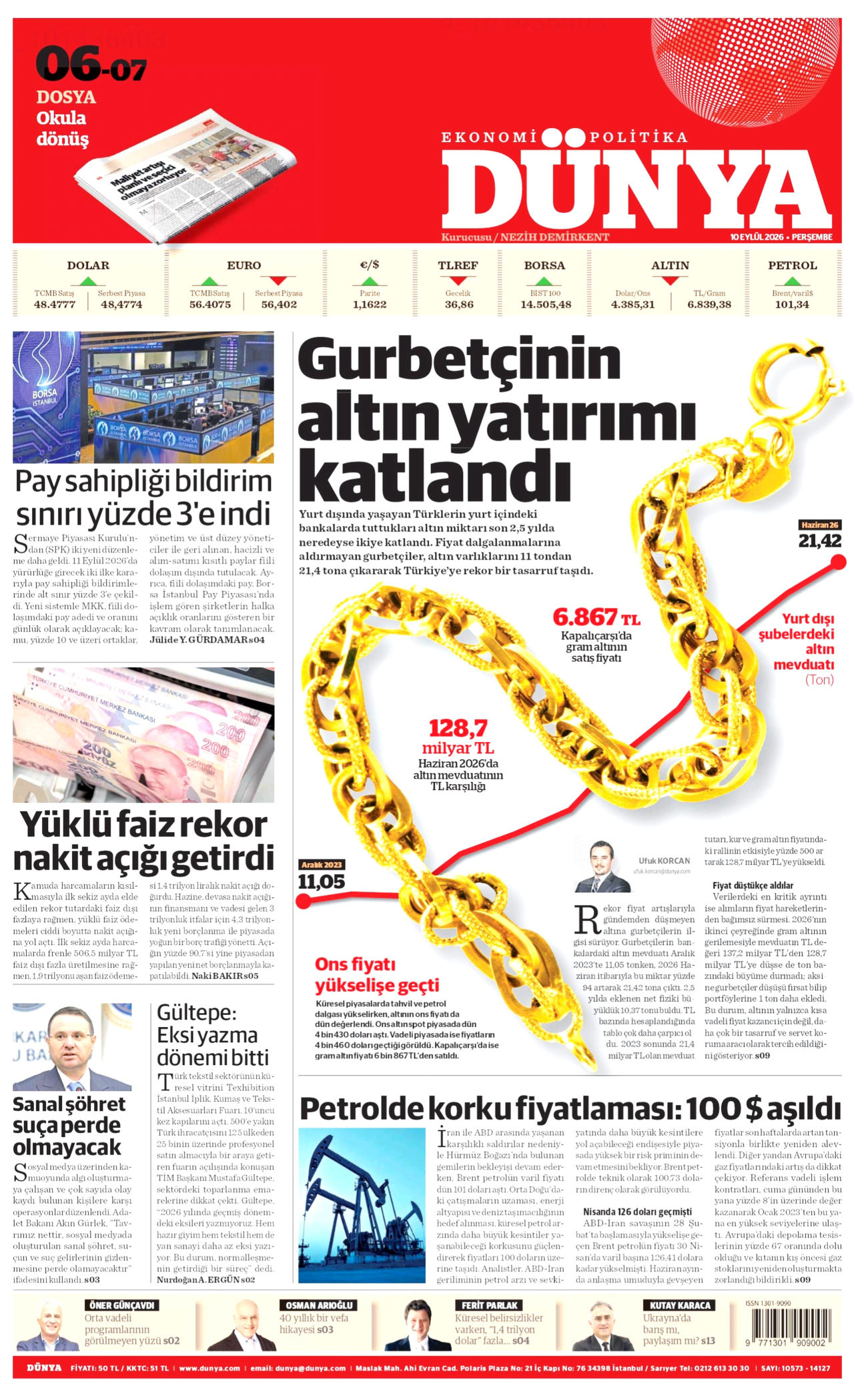 DÜNYA gazetesinin 10 Eylül 2026 tarihli birinci sayfası