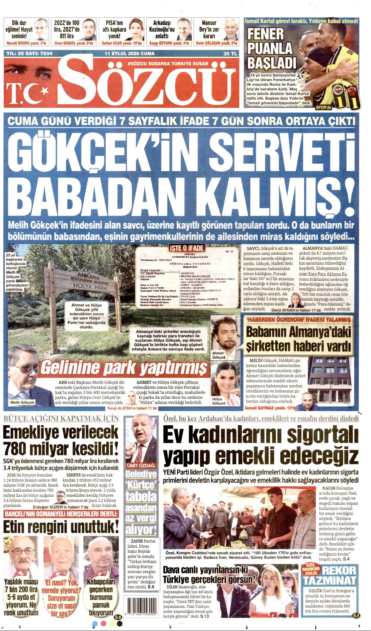 SÖZCÜ gazetesinin 11 Eylül 2026 tarihli birinci sayfası