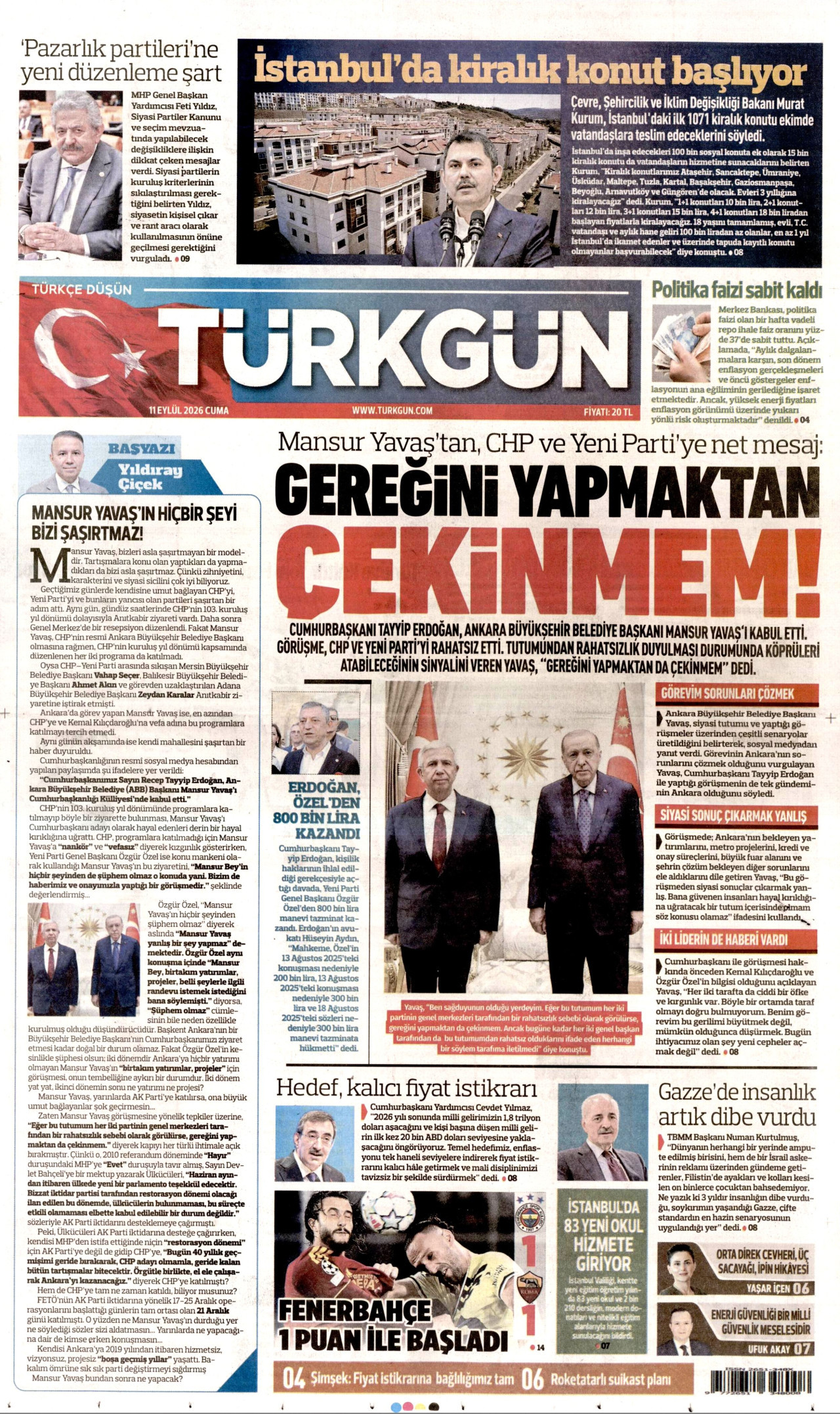 TÜRKGÜN gazetesinin 11 Eylül 2026 tarihli birinci sayfası
