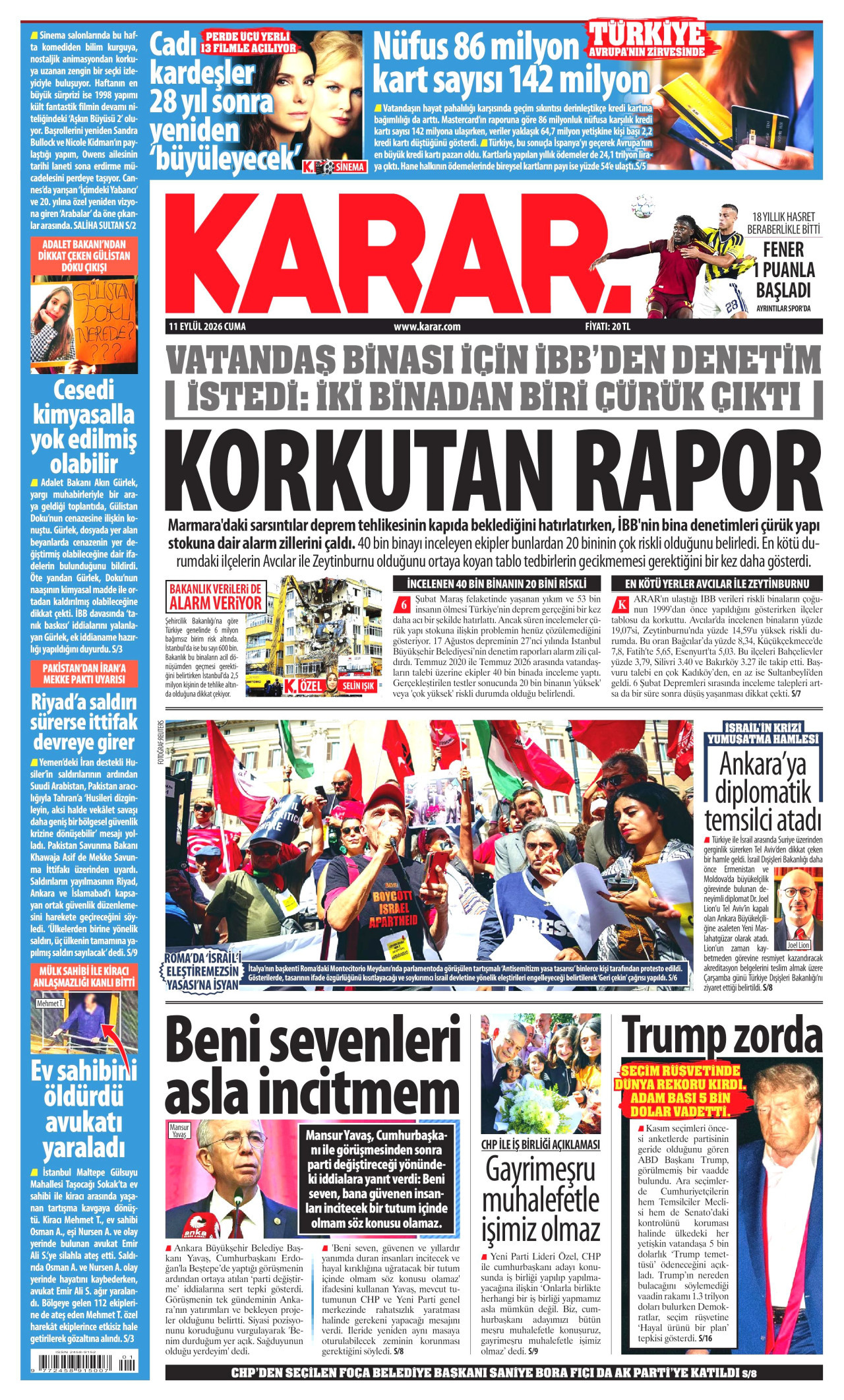 KARAR gazetesinin 11 Eylül 2026 tarihli birinci sayfası