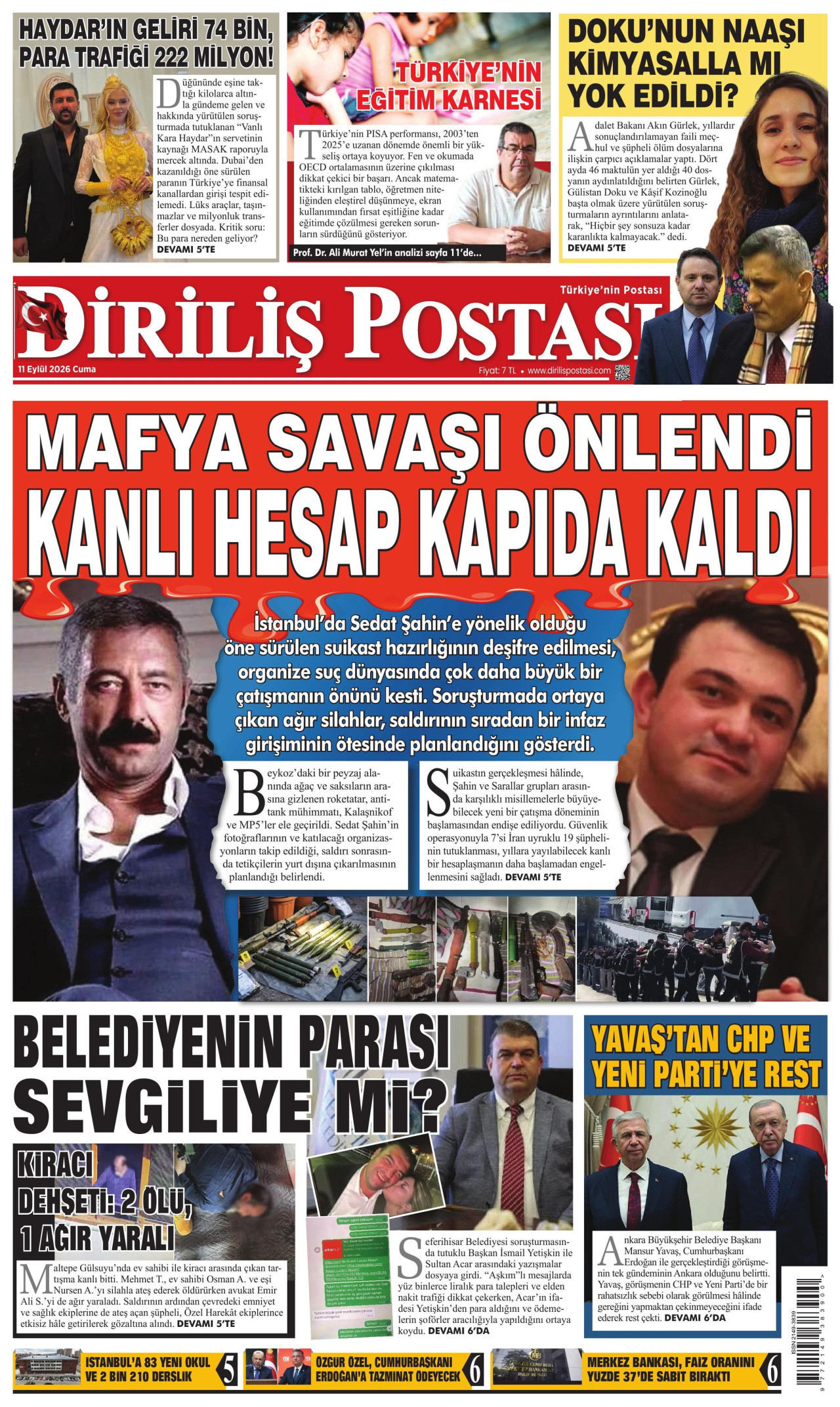 DİRİLİŞ POSTASI gazetesinin 11 Eylül 2026 tarihli birinci sayfası