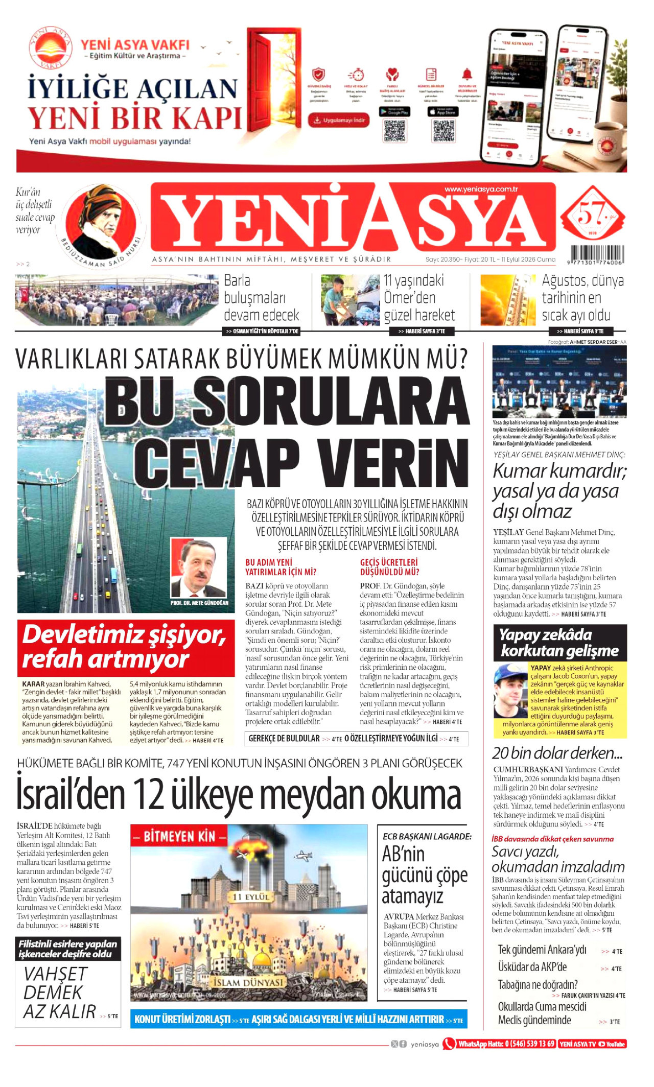 YENİ ASYA gazetesinin 11 Eylül 2026 tarihli birinci sayfası