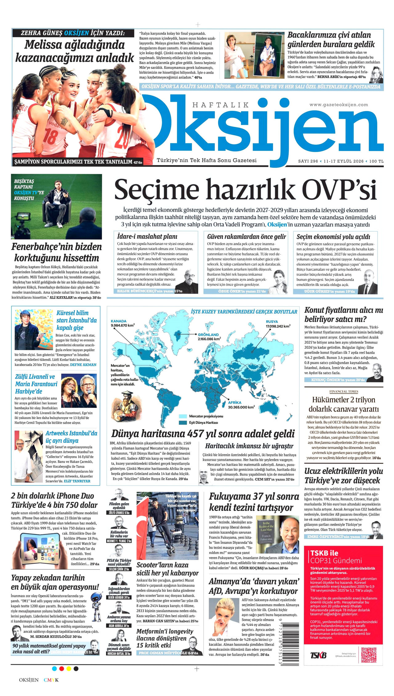 OKSİJEN gazetesinin 11 Eylül 2026 tarihli birinci sayfası