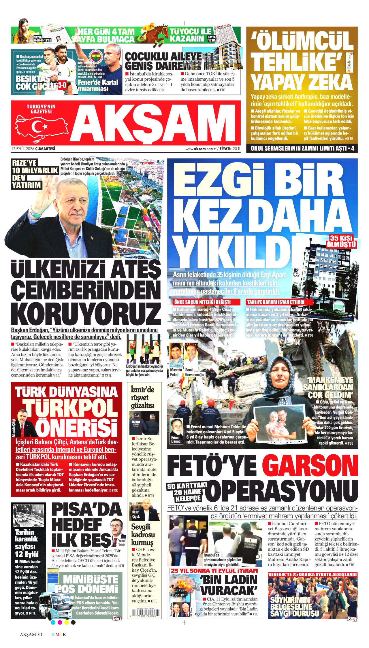 AKŞAM gazetesinin 12 Eylül 2026 tarihli birinci sayfası