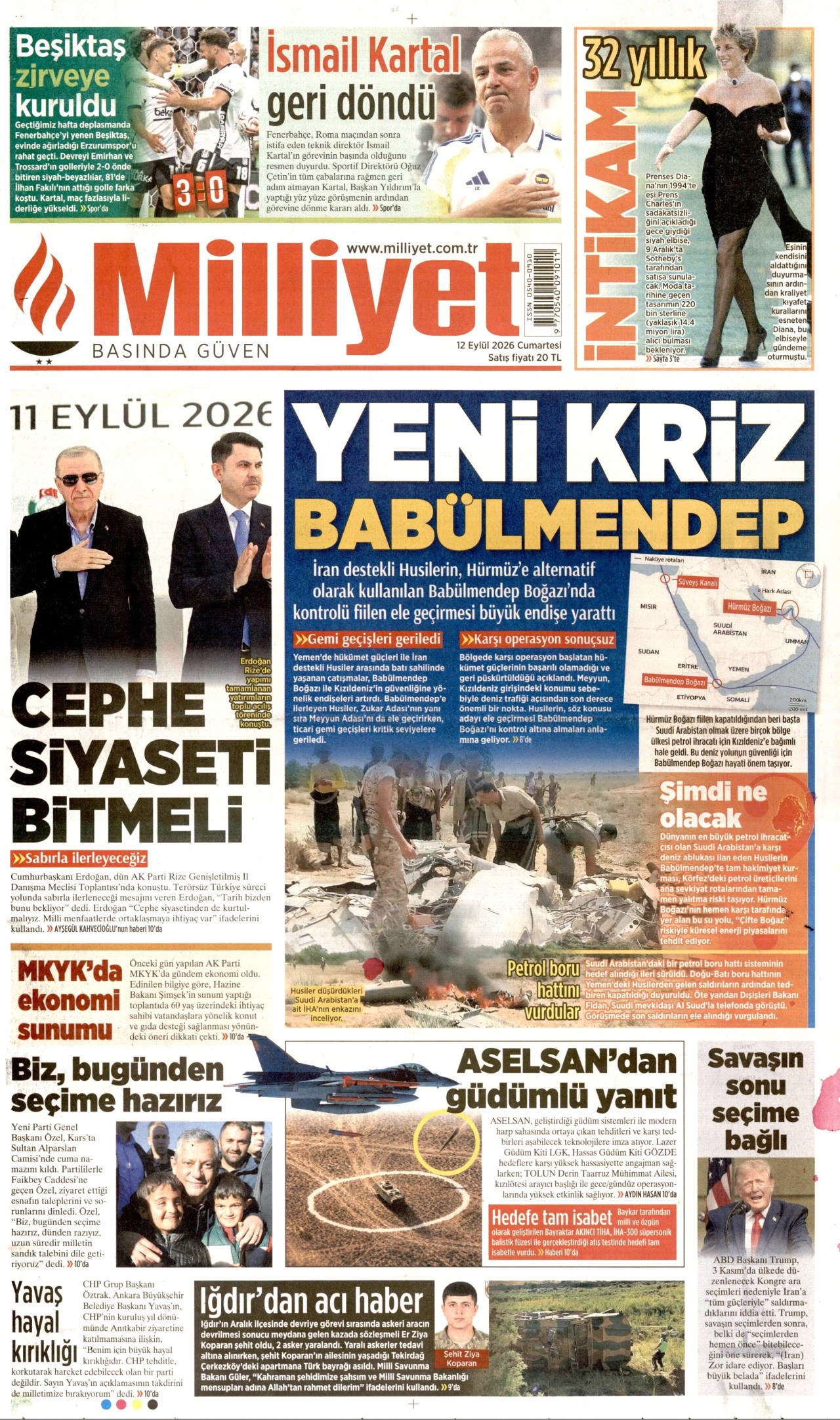MİLLİYET gazetesinin 12 Eylül 2026 tarihli birinci sayfası