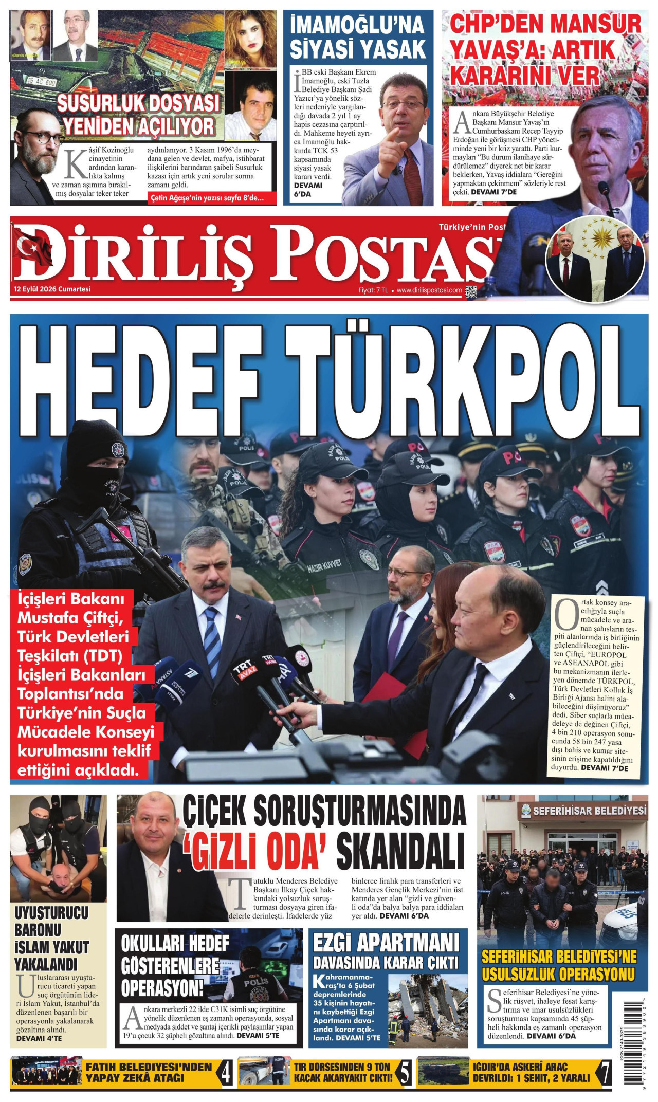 DİRİLİŞ POSTASI gazetesinin 12 Eylül 2026 tarihli birinci sayfası